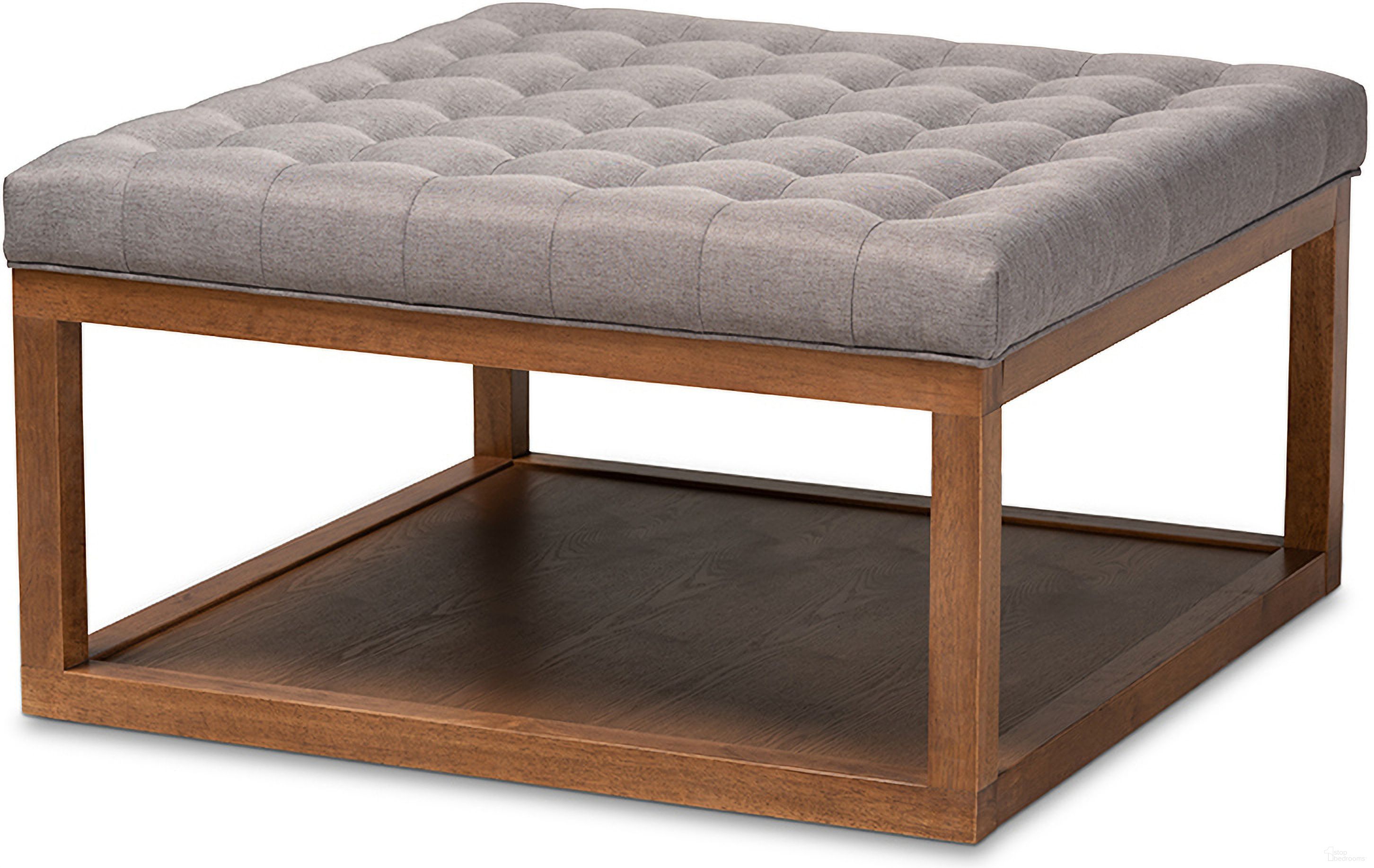 The appearance of Alvere Modern And Contemporary Grey Fabric Upholstered Walnut Finished Cocktail Ottoman designed by Baxton Studio in the modern / contemporary interior design. This gray piece of furniture was selected by 1StopBedrooms from Alvere Collection to add a touch of cosiness and style into your home. Sku: BBT5365-Grey/Walnut-Otto. Material: MDF.