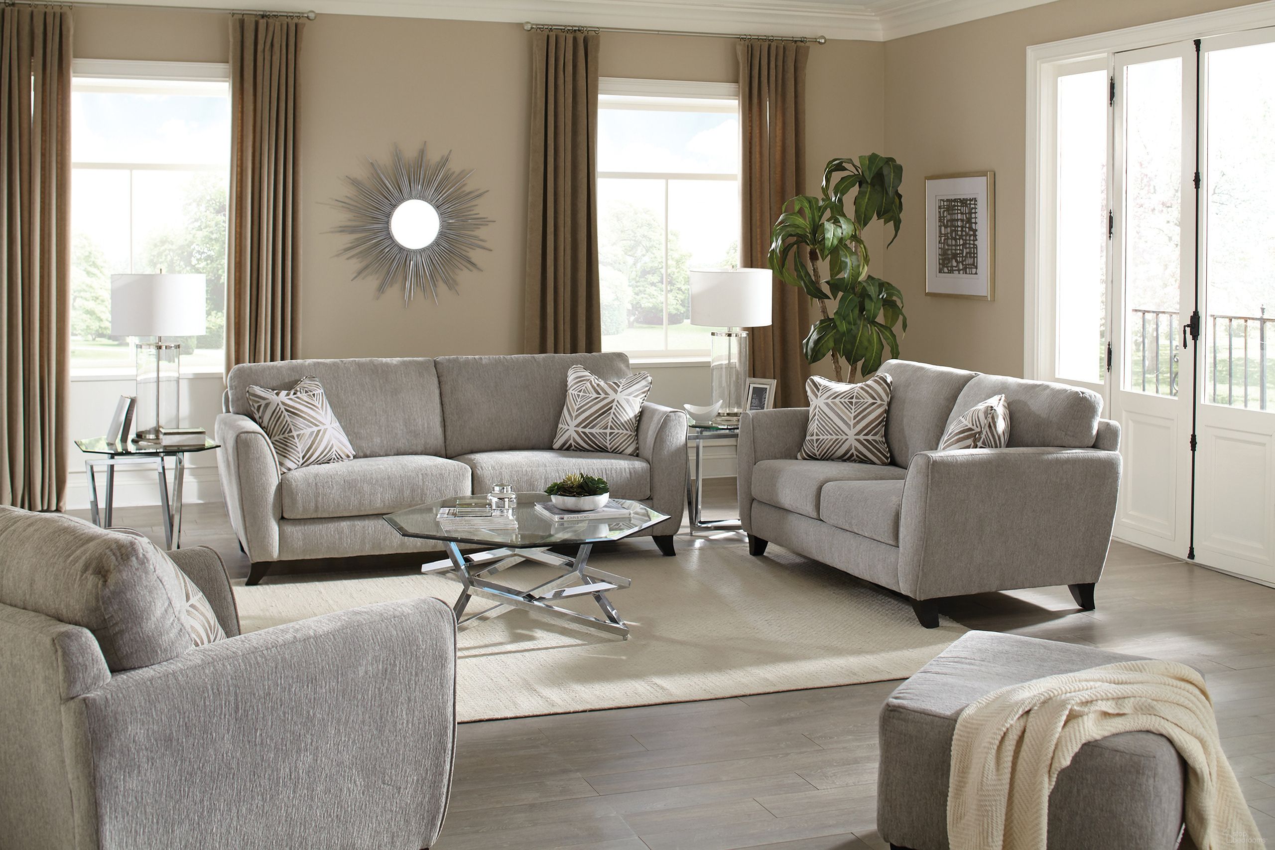The appearance of Alyssa Living Room Set In Pebble designed by Jackson in the traditional interior design. This pebble piece of furniture was selected by 1StopBedrooms from Alyssa Collection to add a touch of cosiness and style into your home. Sku: 421503207218207328;421502207218207328. Material: Polyester.