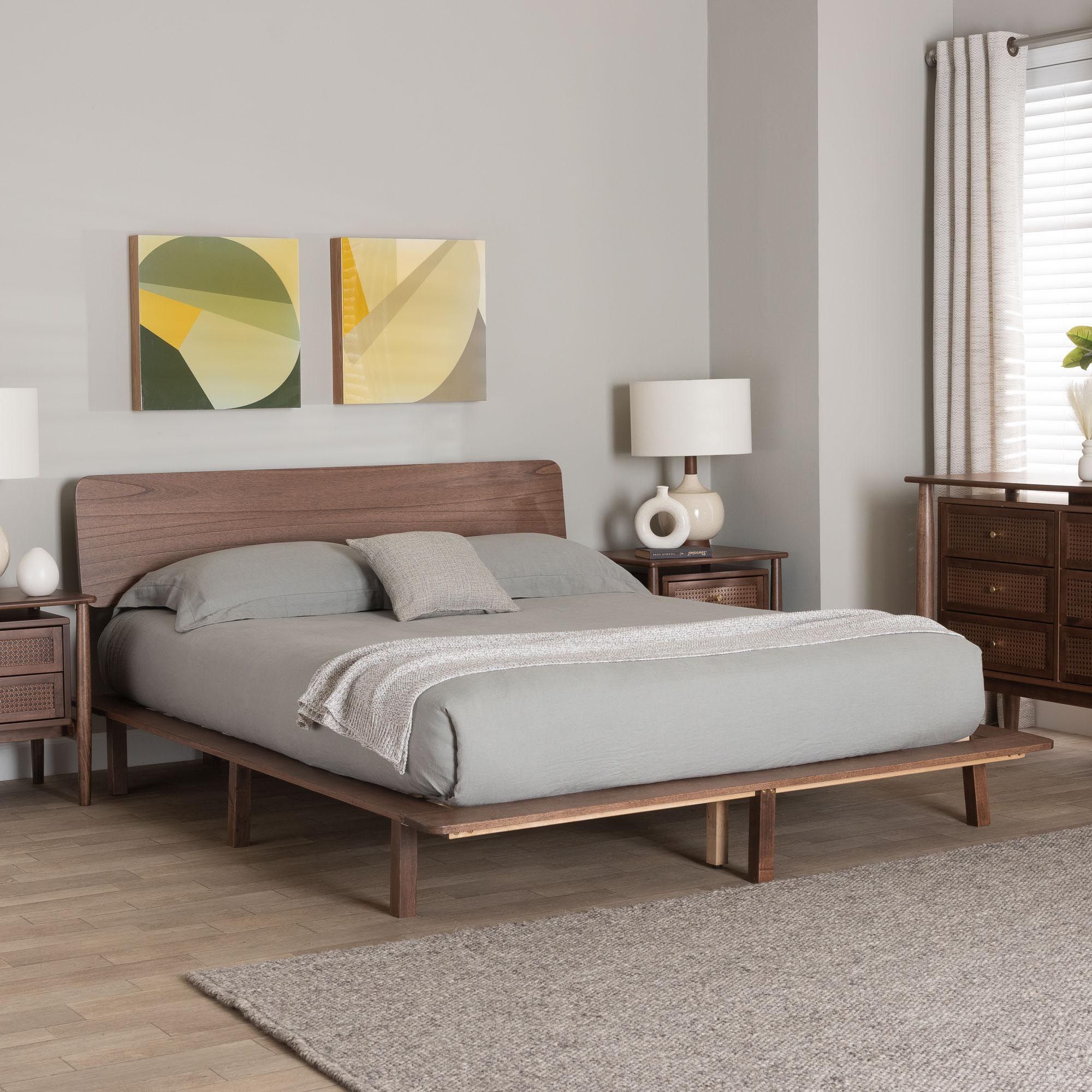 The appearance of Alyssa Wood Queen Platform Bed In Walnut Brown designed by Baxton Studio in the transitional interior design. This walnut brown piece of furniture was selected by 1StopBedrooms from Alyssa Collection to add a touch of cosiness and style into your home. Sku: SW8598-Walnut-Queen. Bed Type: Platform Bed. Bed Size: Queen. Material: Rubberwood.