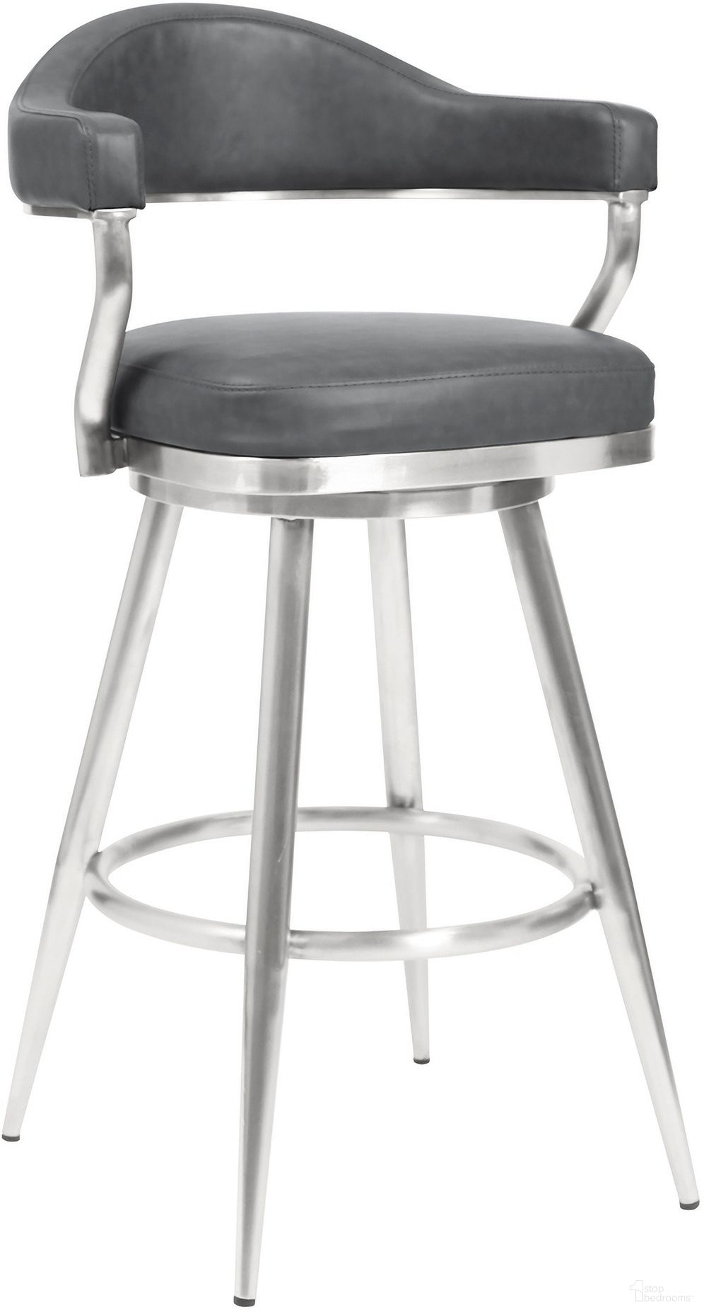 Amador 30 Inch Bar Height Barstool In Brushed Stainless Steel and Vintage Gray Faux Leather