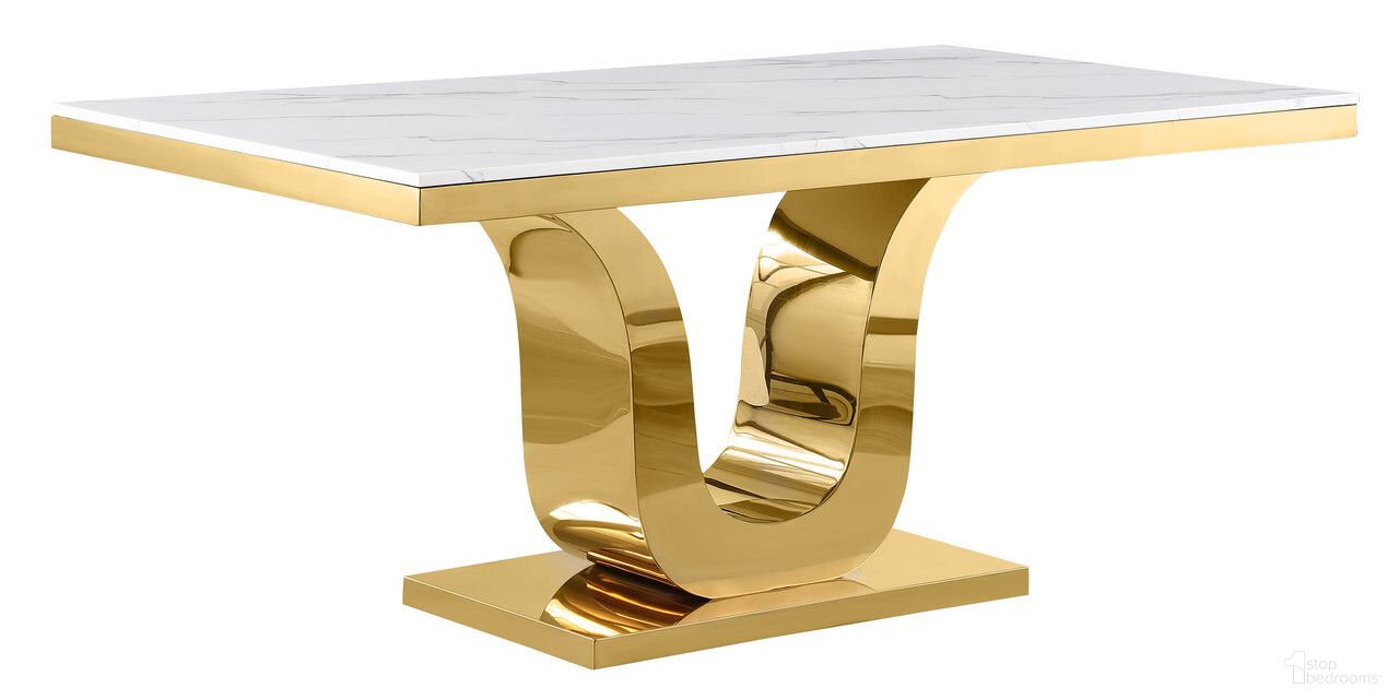 The appearance of Amahle 66 x 38 Inch Dining Table In White Marble and Gold Steel designed by Best Quality Furniture in the modern / contemporary interior design. This white and gold piece of furniture  was selected by 1StopBedrooms from Amahle Collection to add a touch of cosiness and style into your home. Sku: D320-DTT;D320-DTB. Table Base Style: Pedestal. Material: Marble. Table Top Shape: Rectangular. Size: 38" x 66".