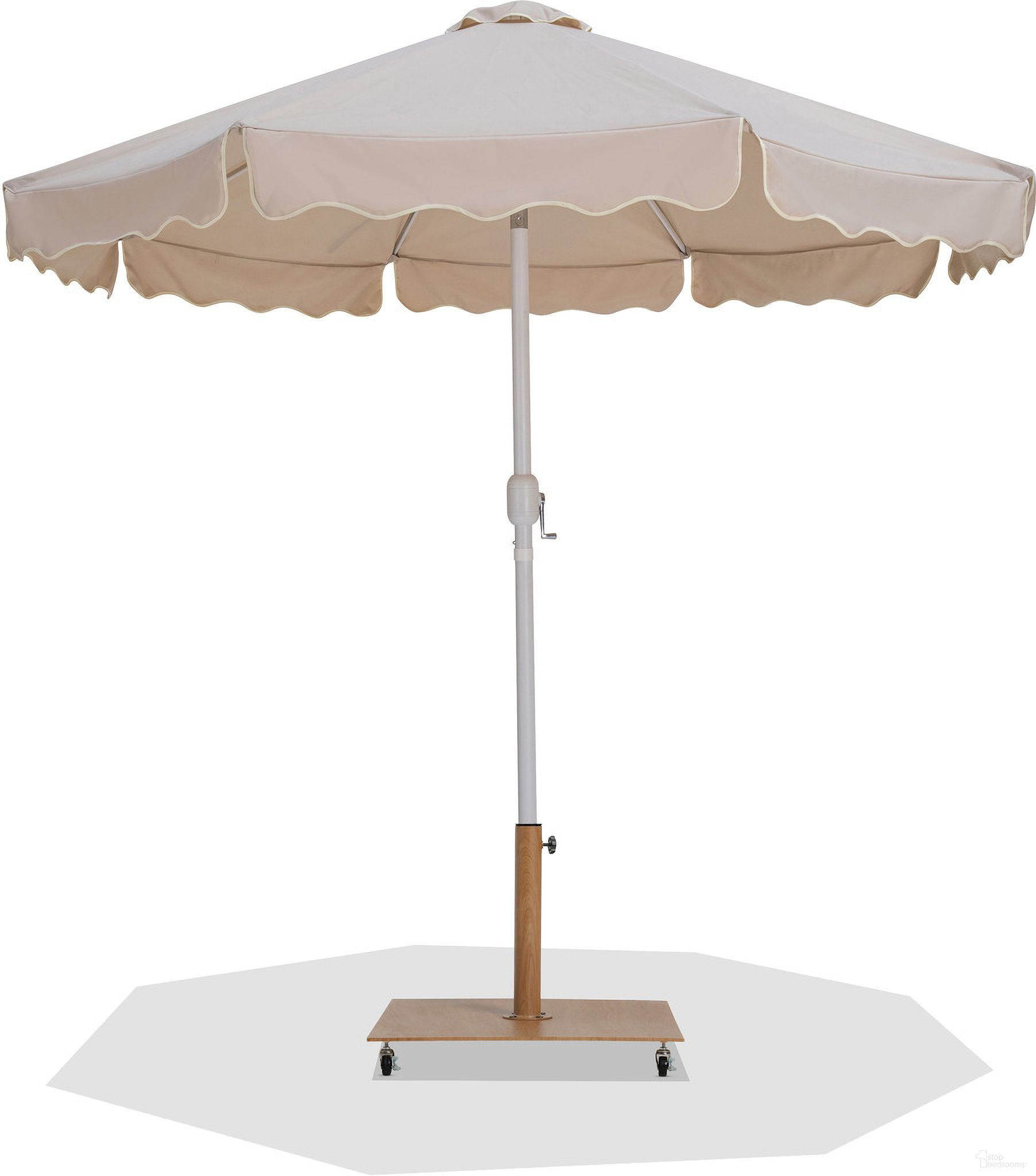 The appearance of Amalfi Cream Piping Aluminum Patio Umbrella with Base Sets In Matte White and Beige Fabric designed by Meridian in the modern / contemporary interior design. This beige and matte white piece of furniture  was selected by 1StopBedrooms from Amalfi Collection to add a touch of cosiness and style into your home. Sku: 55018Beige-U;349Teak. Material: Polyester.