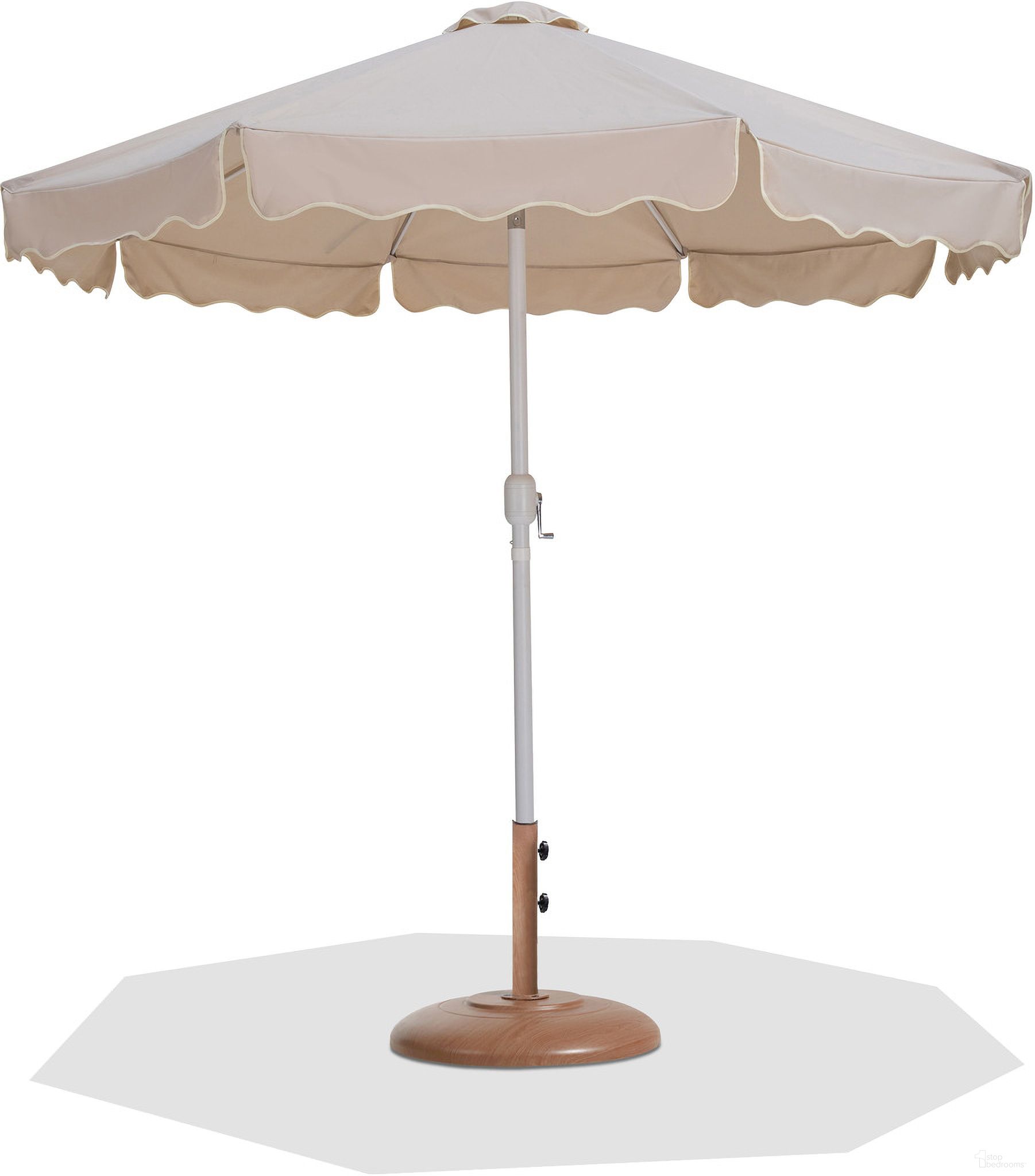 The appearance of Amalfi Cream Piping Aluminum Patio Umbrella with Base Sets In Matte White and Beige Fabric designed by Meridian in the modern / contemporary interior design. This beige and matte white piece of furniture  was selected by 1StopBedrooms from Amalfi Collection to add a touch of cosiness and style into your home. Sku: 55018Beige-U;350Teak. Material: Polyester.
