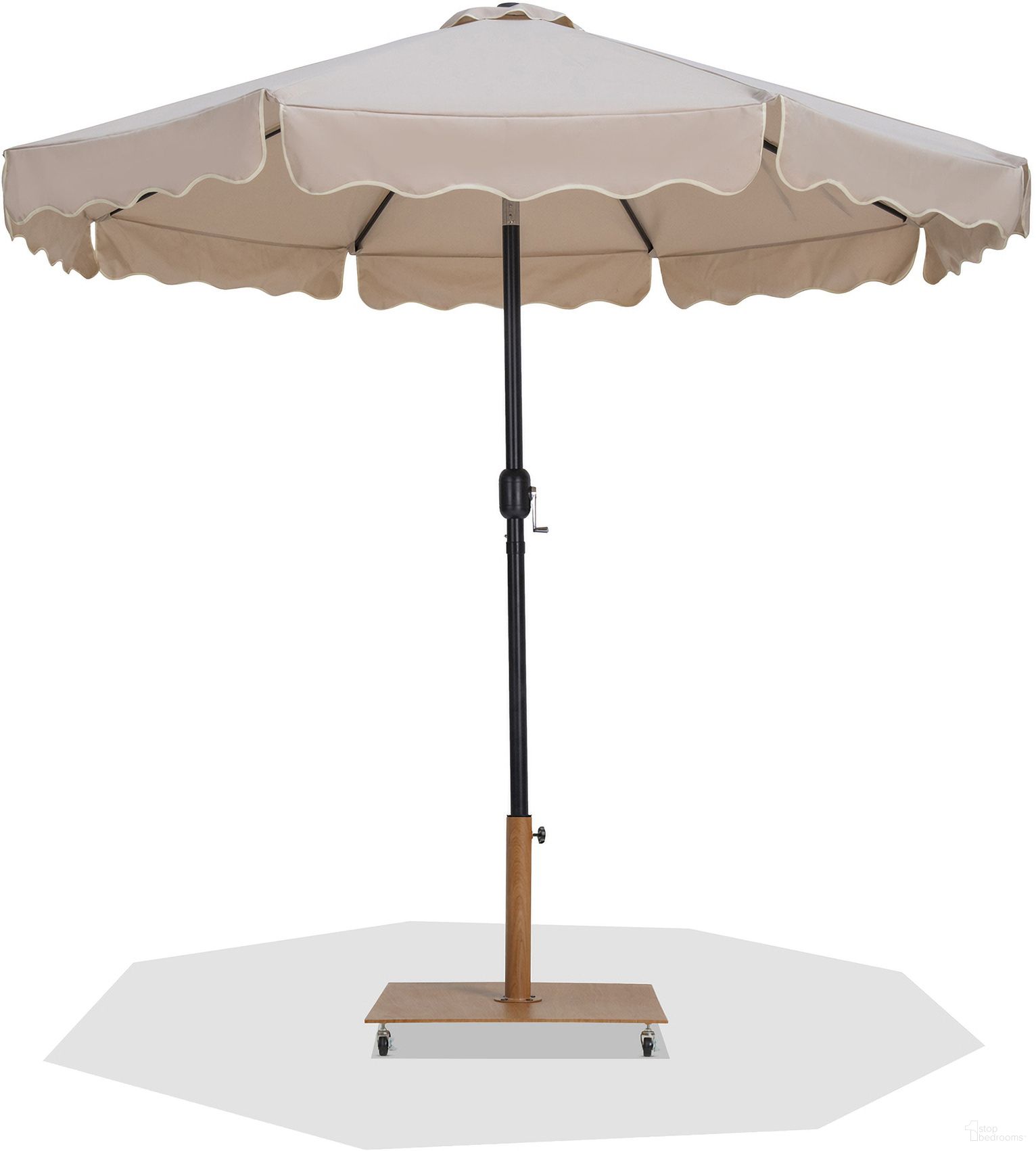 The appearance of Amalfi Cream Piping Aluminum Patio Umbrella with Base Sets In Matte Black and Beige Fabric designed by Meridian in the modern / contemporary interior design. This beige/matte black piece of furniture  was selected by 1StopBedrooms from Amalfi Collection to add a touch of cosiness and style into your home. Sku: 55019Beige-U;349Teak. Material: Polyester.