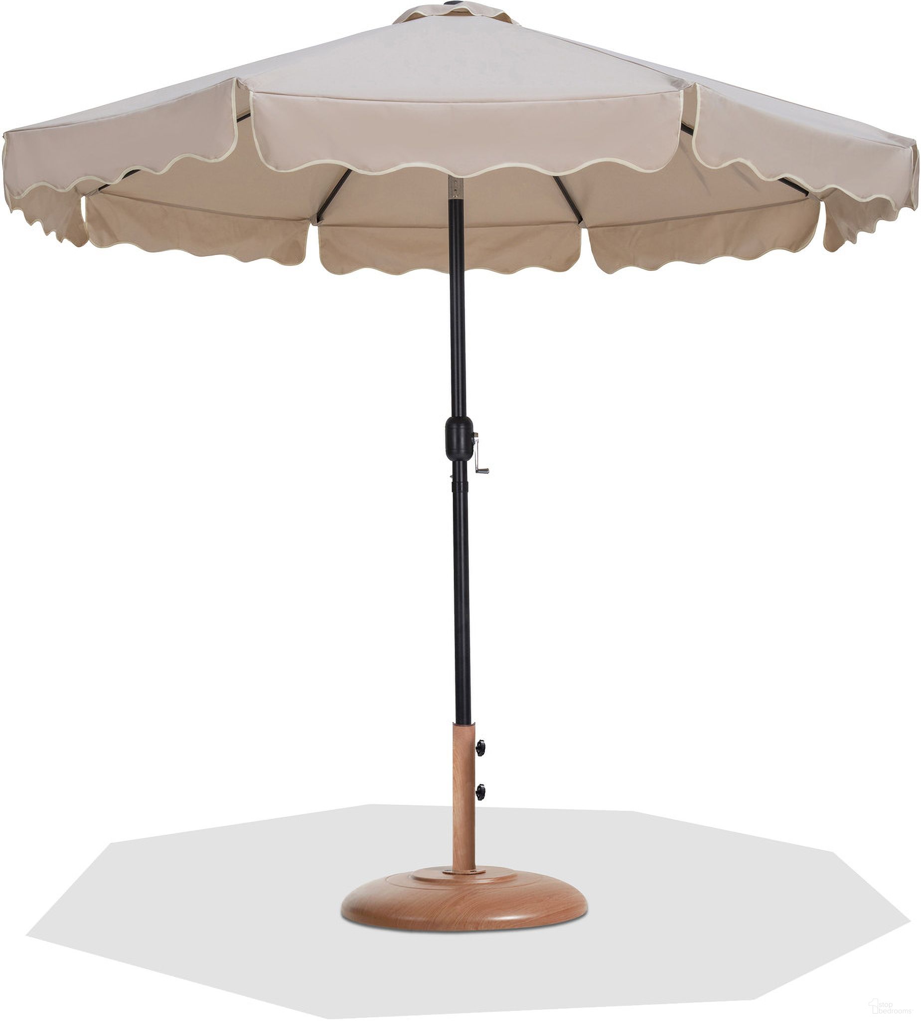 The appearance of Amalfi Cream Piping Aluminum Patio Umbrella with Base Sets In Matte Black and Beige Fabric designed by Meridian in the modern / contemporary interior design. This beige/matte black piece of furniture was selected by 1StopBedrooms from Amalfi Collection to add a touch of cosiness and style into your home. Sku: 55019Beige-U;350Teak. Material: Polyester.