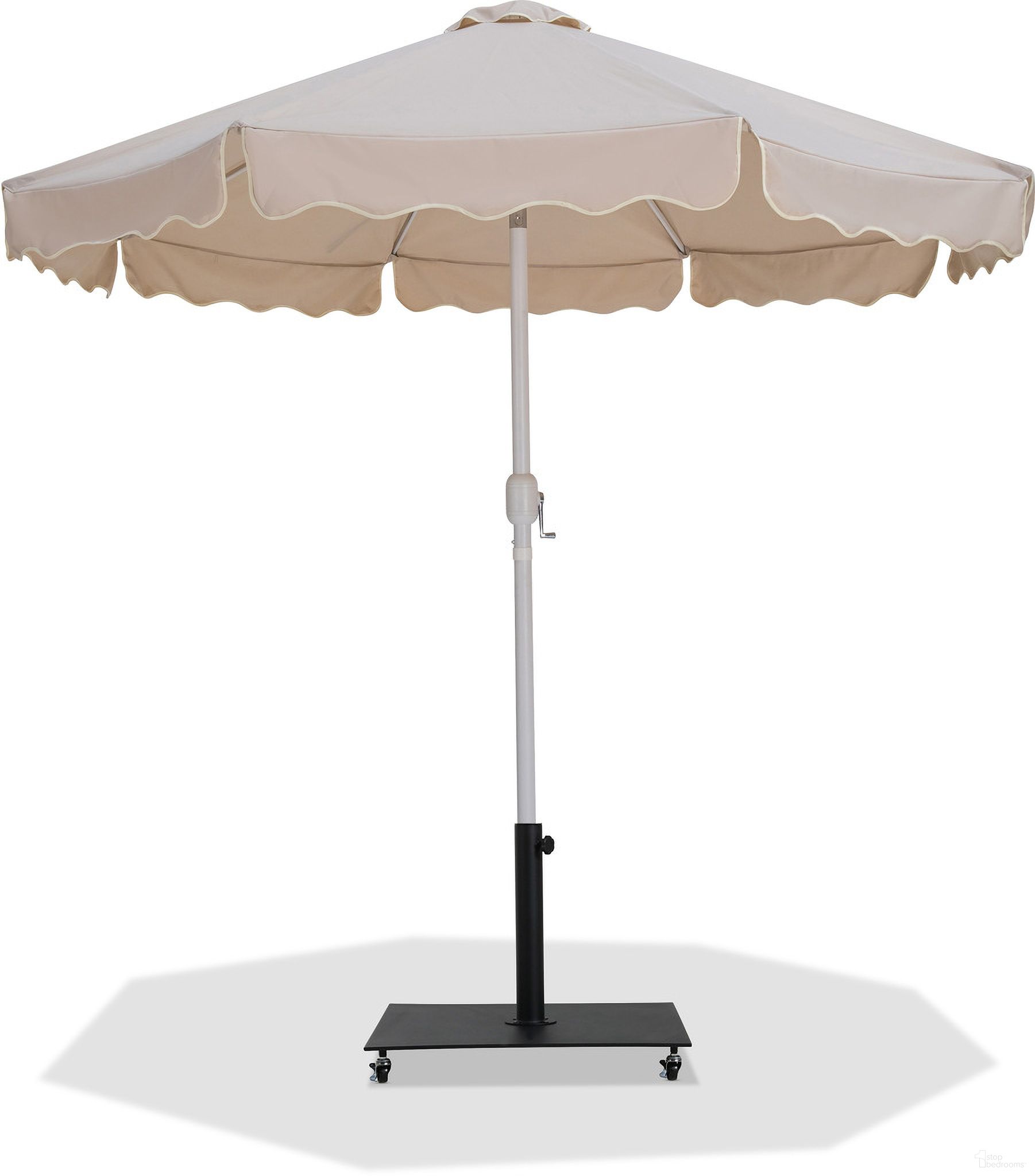 The appearance of Amalfi Cream Piping Aluminum Patio Umbrella with Base Sets In Beige Fabric and Matte White designed by Meridian in the modern / contemporary interior design. This beige and matte white piece of furniture was selected by 1StopBedrooms from Amalfi Collection to add a touch of cosiness and style into your home. Sku: 55018Beige-U;349Black. Material: Polyester.