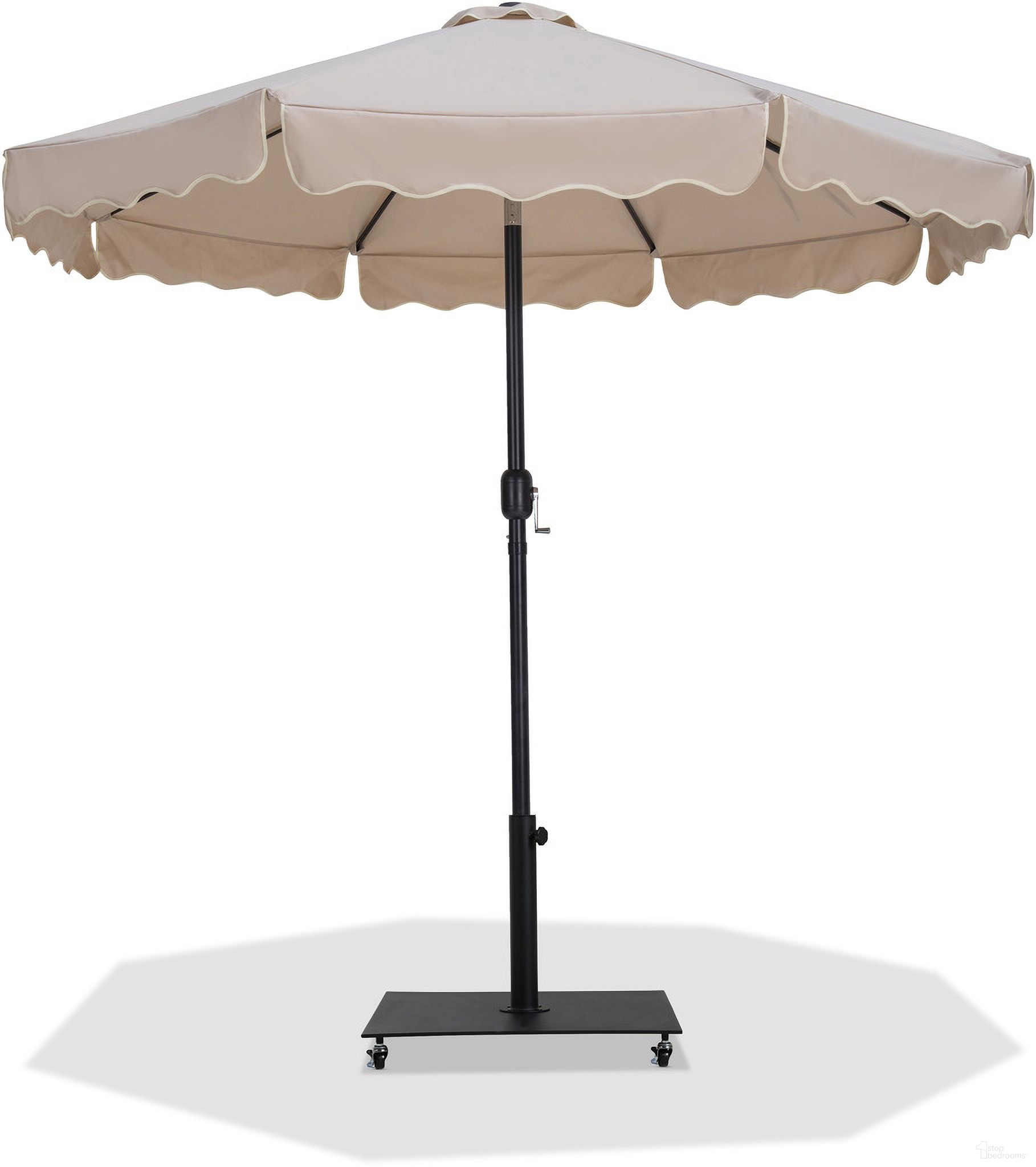 The appearance of Amalfi Cream Piping Aluminum Patio Umbrella with Base Sets In Beige Fabric and Matte Black designed by Meridian in the modern / contemporary interior design. This beige/matte black piece of furniture  was selected by 1StopBedrooms from Amalfi Collection to add a touch of cosiness and style into your home. Sku: 55019Beige-U;349Black. Material: Polyester.