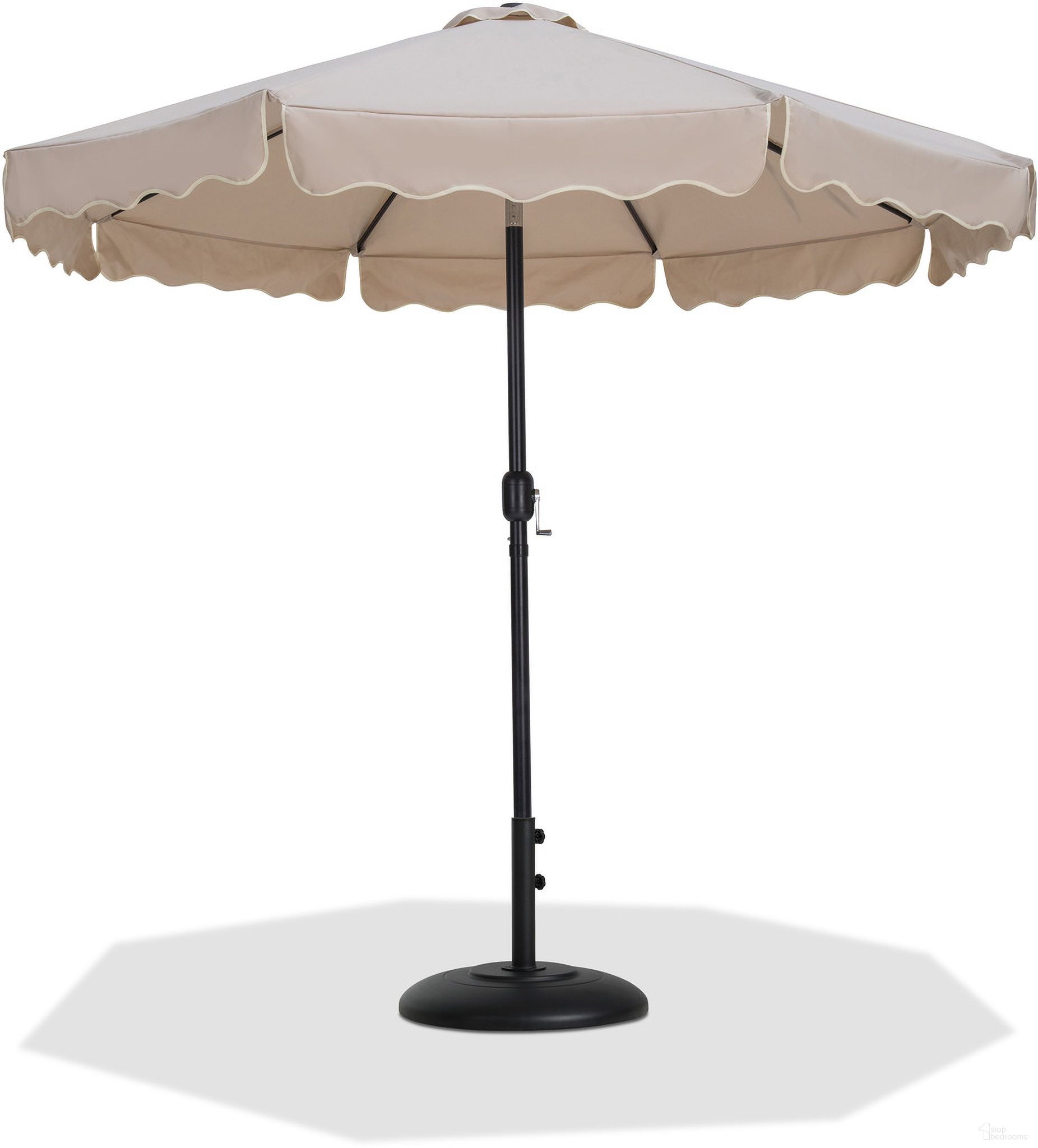 The appearance of Amalfi Cream Piping Aluminum Patio Umbrella with Base Sets In Beige Fabric and Matte Black designed by Meridian in the modern / contemporary interior design. This beige/matte black piece of furniture  was selected by 1StopBedrooms from Amalfi Collection to add a touch of cosiness and style into your home. Sku: 55019Beige-U;350Black. Material: Polyester.