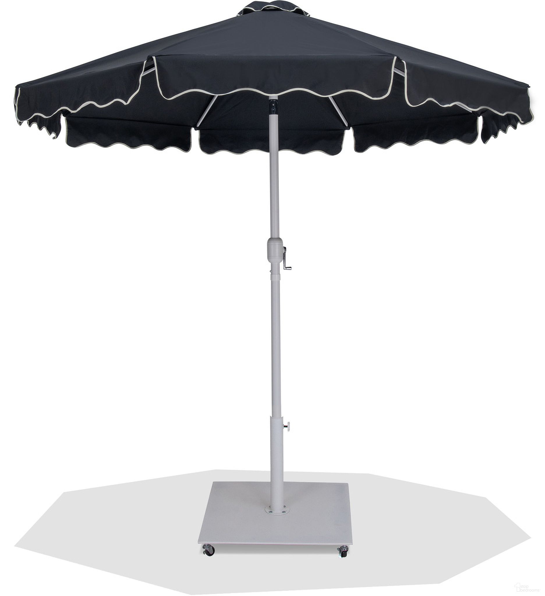 The appearance of Amalfi Cream Piping Aluminum Patio Umbrella with Base Sets In Matte White and Black Fabric designed by Meridian in the modern / contemporary interior design. This matte white and black piece of furniture  was selected by 1StopBedrooms from Amalfi Collection to add a touch of cosiness and style into your home. Sku: 55018Black-U;349White. Material: Polyester.