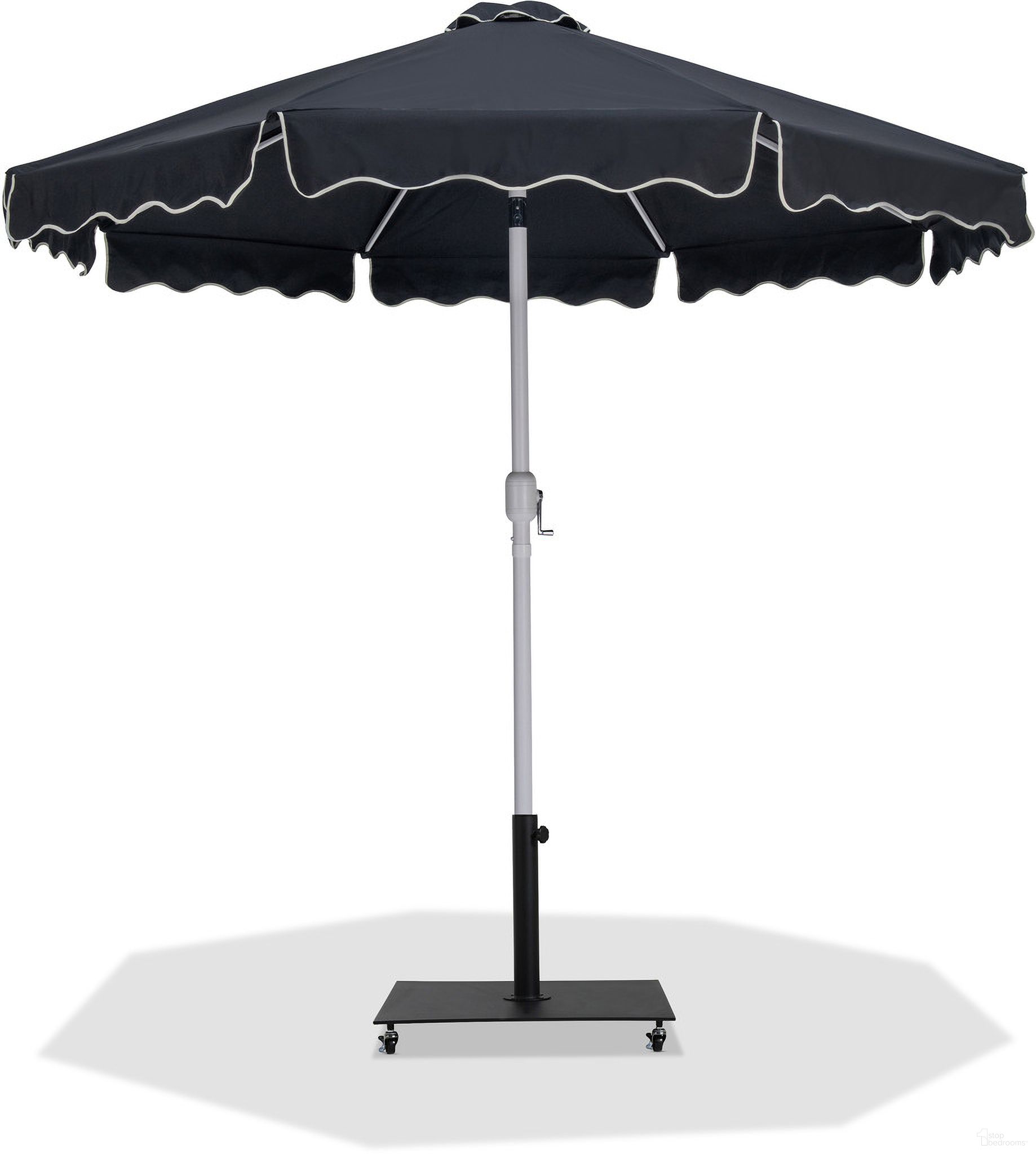 The appearance of Amalfi Cream Piping Aluminum Patio Umbrella with Base Sets In Black Fabric and Matte White designed by Meridian in the modern / contemporary interior design. This matte white and black piece of furniture was selected by 1StopBedrooms from Amalfi Collection to add a touch of cosiness and style into your home. Sku: 55018Black-U;349Black. Material: Polyester.