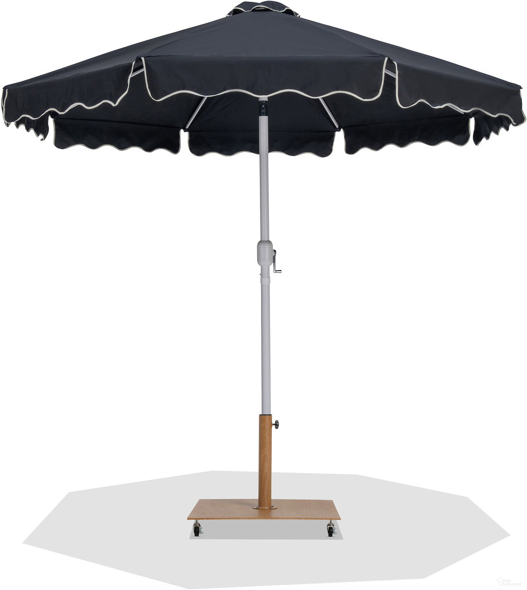 The appearance of Amalfi Cream Piping Aluminum Patio Umbrella with Base Sets In Black Fabric and Matte White designed by Meridian in the modern / contemporary interior design. This matte white and black piece of furniture was selected by 1StopBedrooms from Amalfi Collection to add a touch of cosiness and style into your home. Sku: 55018Black-U;349Teak. Material: Polyester.