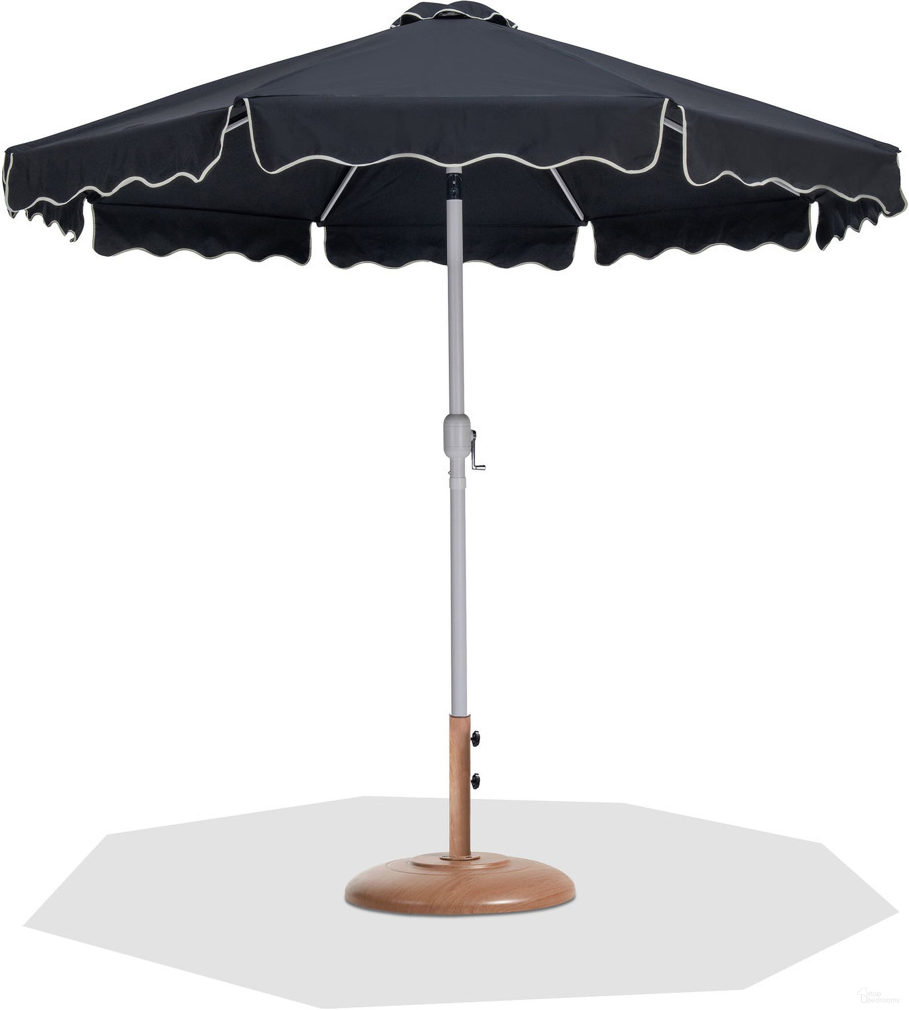 The appearance of Amalfi Cream Piping Aluminum Patio Umbrella with Base Sets In Black Fabric and Matte White designed by Meridian in the modern / contemporary interior design. This matte white and black piece of furniture was selected by 1StopBedrooms from Amalfi Collection to add a touch of cosiness and style into your home. Sku: 55018Black-U;350Teak. Material: Polyester.