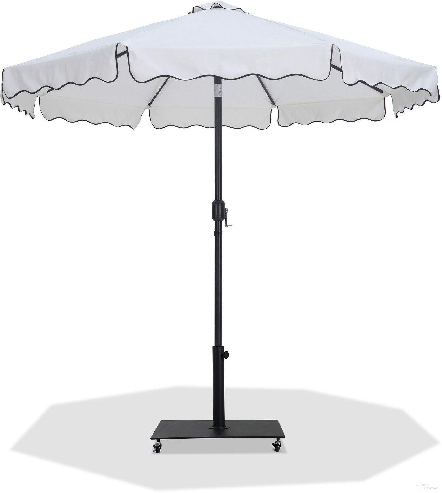 The appearance of Amalfi Black Piping Aluminum Patio Umbrella with Base Sets In White Fabric and Matte Black designed by Meridian in the modern / contemporary interior design. This white and matte black piece of furniture was selected by 1StopBedrooms from Amalfi Collection to add a touch of cosiness and style into your home. Sku: 55019White-U;349Black. Material: Polyester.