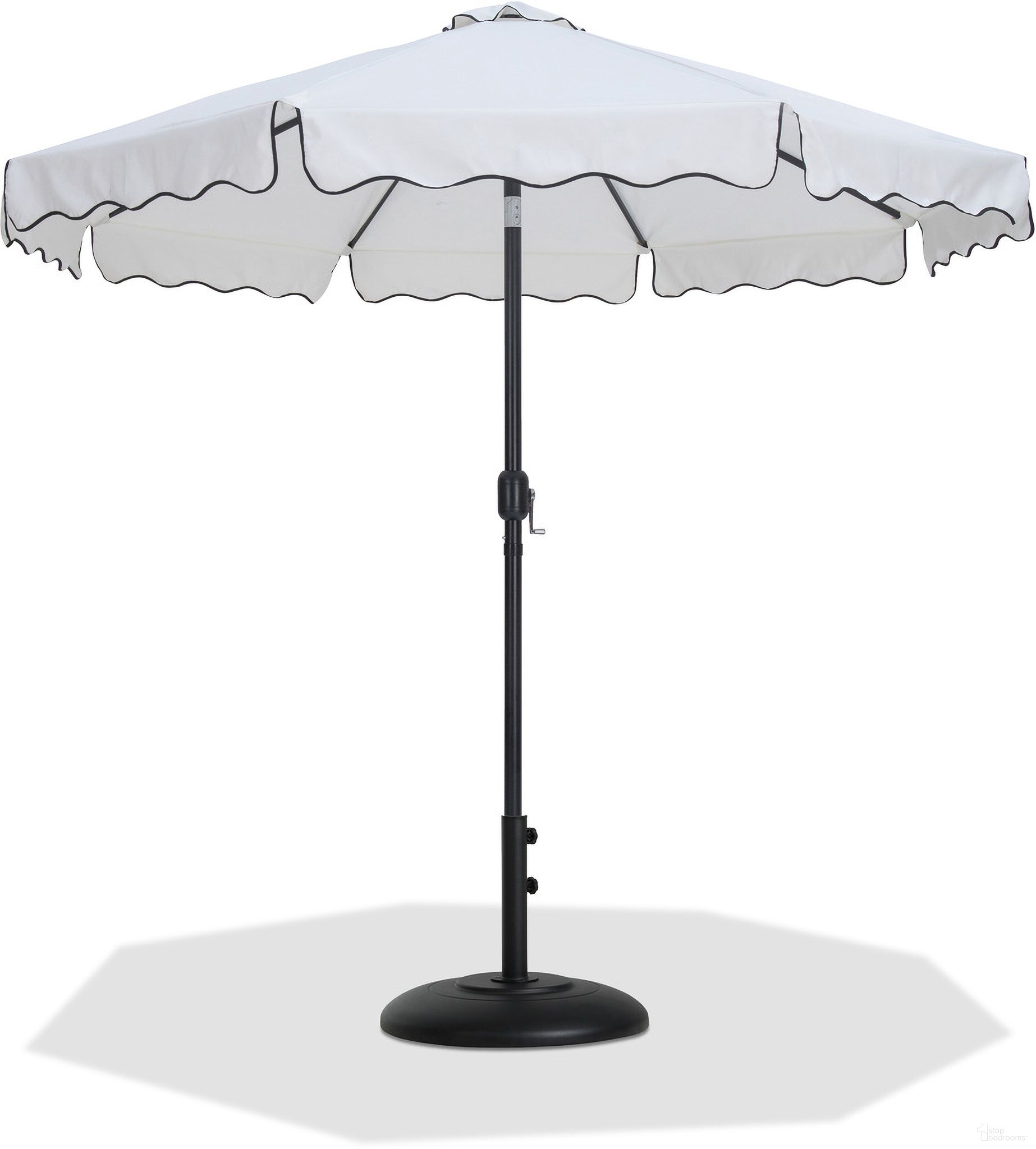 The appearance of Amalfi Black Piping Aluminum Patio Umbrella with Base Sets In White Fabric and Matte Black designed by Meridian in the modern / contemporary interior design. This white and matte black piece of furniture was selected by 1StopBedrooms from Amalfi Collection to add a touch of cosiness and style into your home. Sku: 55019White-U;350Black. Material: Polyester.