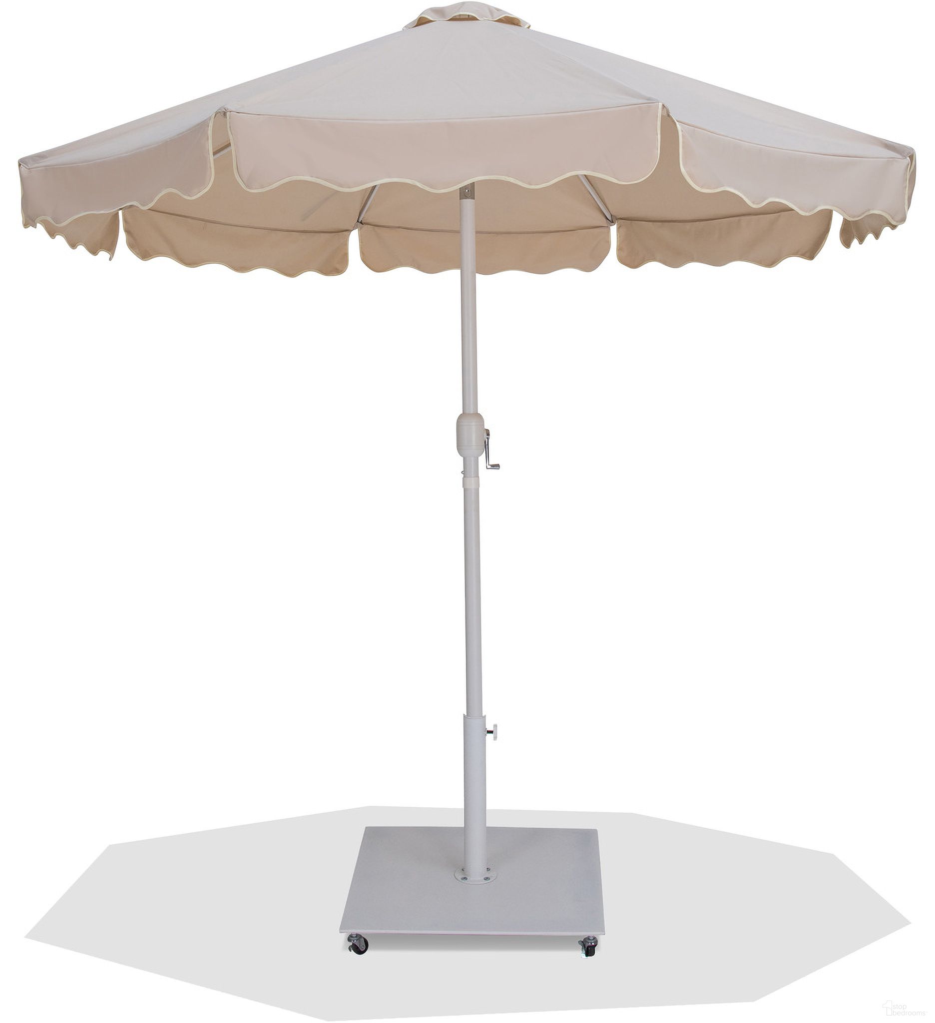 The appearance of Amalfi Cream Piping Aluminum Patio Umbrella with Base Sets In Beige Fabric and Matte White designed by Meridian in the modern / contemporary interior design. This beige and matte white piece of furniture was selected by 1StopBedrooms from Amalfi Collection to add a touch of cosiness and style into your home. Sku: 55018Beige-U;349White. Material: Polyester.