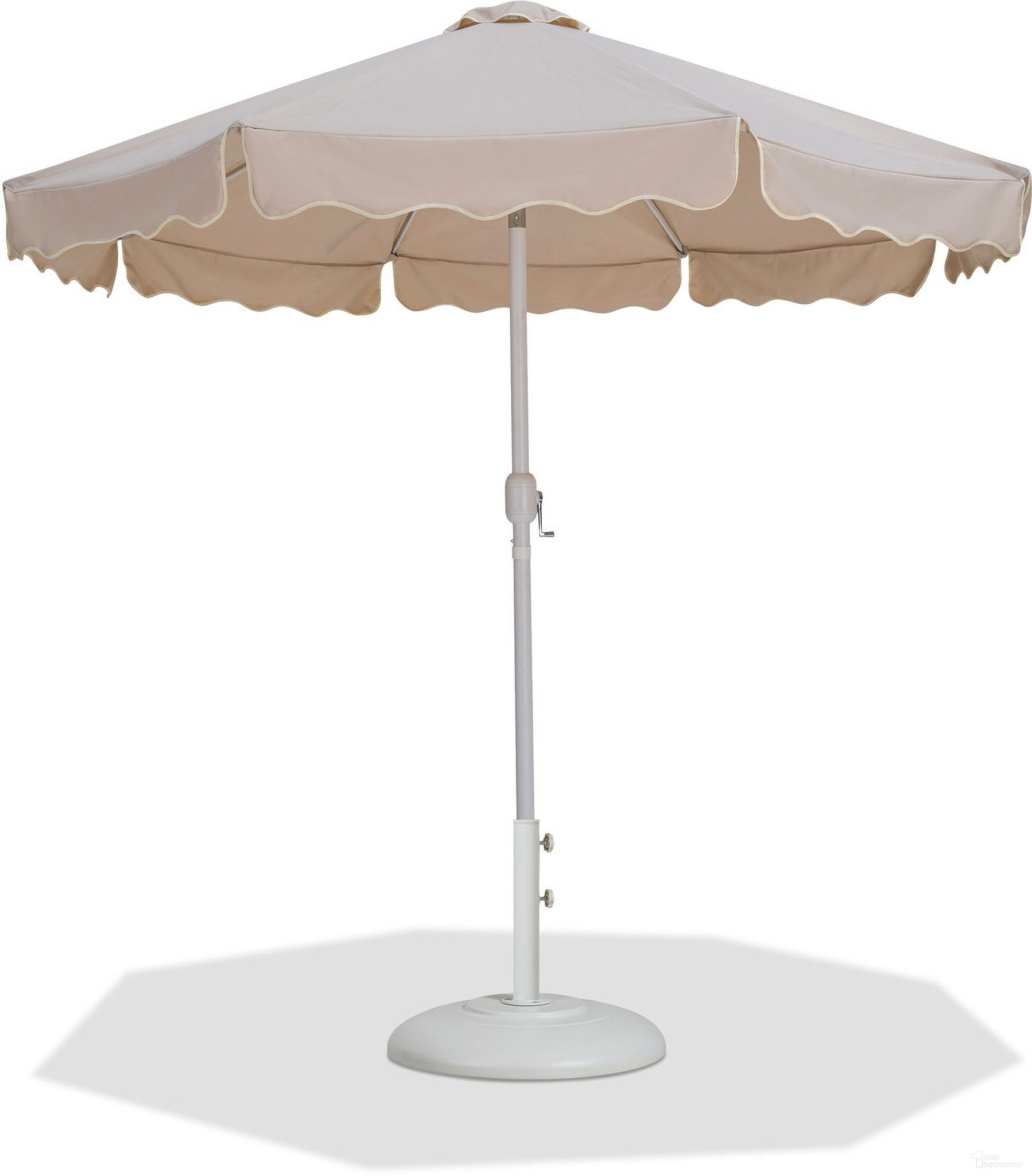 The appearance of Amalfi Cream Piping Aluminum Patio Umbrella with Base Sets In Beige Fabric and Matte White designed by Meridian in the modern / contemporary interior design. This beige and matte white piece of furniture was selected by 1StopBedrooms from Amalfi Collection to add a touch of cosiness and style into your home. Sku: 55018Beige-U;350White. Material: Polyester.