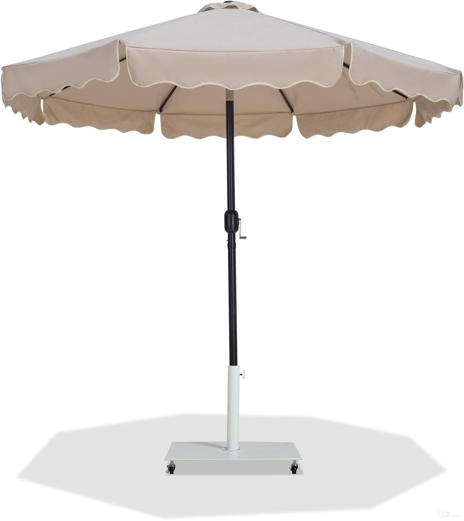 The appearance of Amalfi Cream Piping Aluminum Patio Umbrella with Base Sets In Beige Fabric and Matte Black designed by Meridian in the modern / contemporary interior design. This beige/matte black piece of furniture  was selected by 1StopBedrooms from Amalfi Collection to add a touch of cosiness and style into your home. Sku: 55019Beige-U;349White. Material: Polyester.