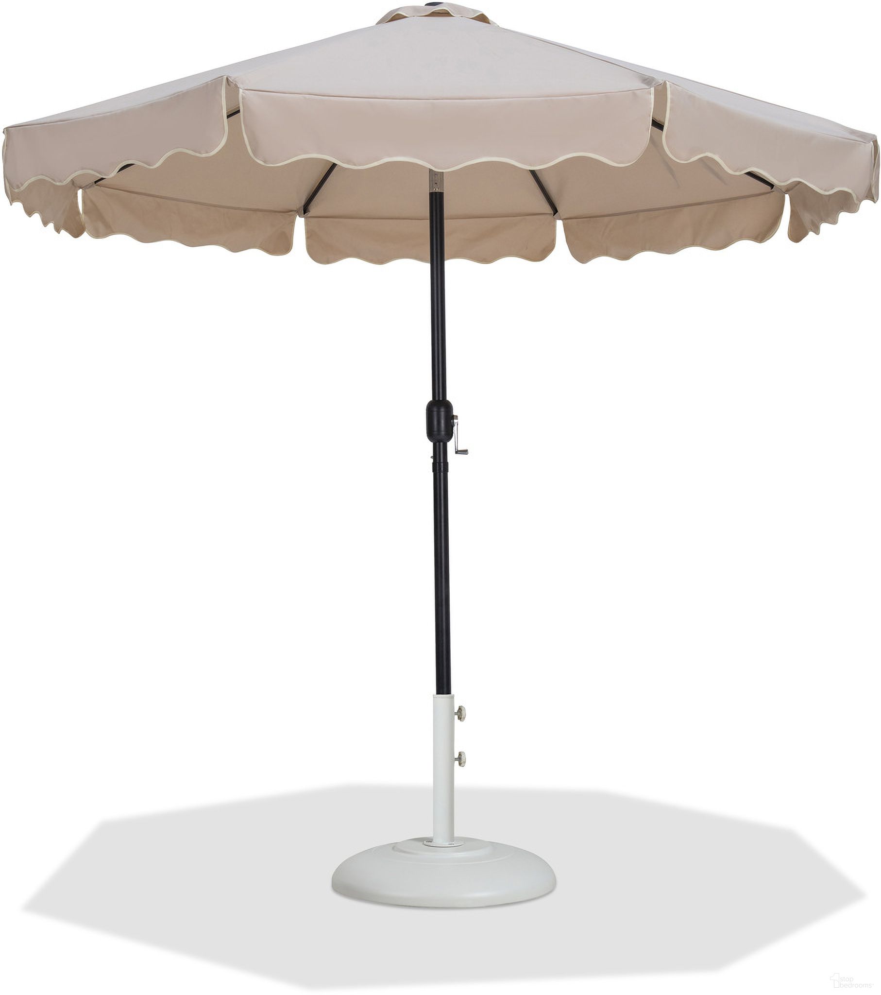 The appearance of Amalfi Cream Piping Aluminum Patio Umbrella with Base Sets In Beige Fabric and Matte Black designed by Meridian in the modern / contemporary interior design. This beige/matte black piece of furniture  was selected by 1StopBedrooms from Amalfi Collection to add a touch of cosiness and style into your home. Sku: 55019Beige-U;350White. Material: Polyester.