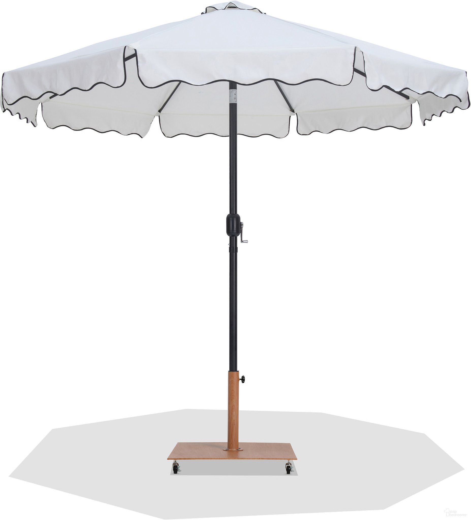 The appearance of Amalfi Black Piping Aluminum Patio Umbrella with Base Sets In Matte Black and White Fabric designed by Meridian in the modern / contemporary interior design. This white and matte black piece of furniture was selected by 1StopBedrooms from Amalfi Collection to add a touch of cosiness and style into your home. Sku: 55019White-U;349Teak. Material: Polyester.