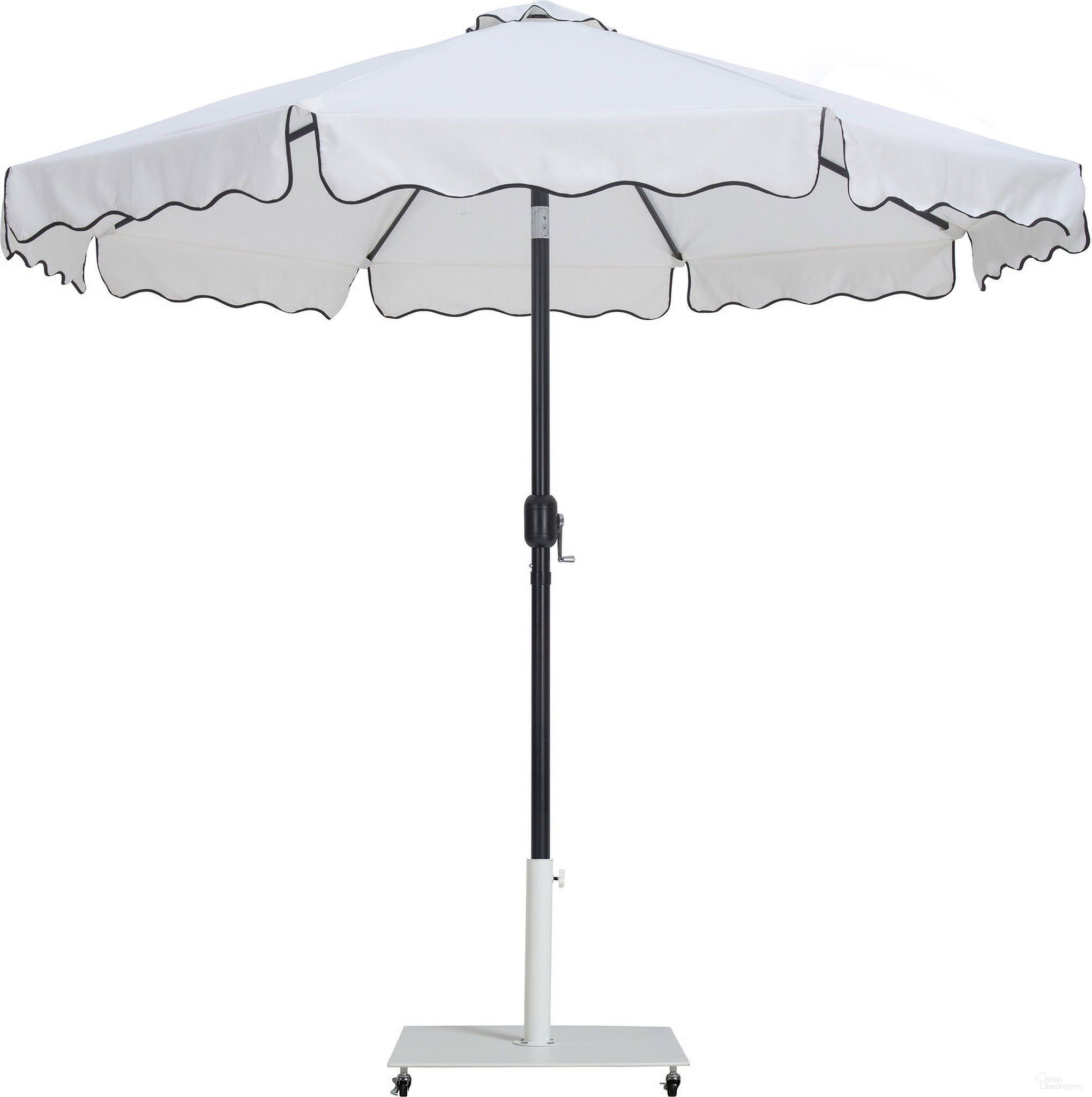The appearance of Amalfi Black Piping Aluminum Patio Umbrella with Base Sets In White Fabric and Matte Black designed by Meridian in the modern / contemporary interior design. This white and matte black piece of furniture was selected by 1StopBedrooms from Amalfi Collection to add a touch of cosiness and style into your home. Sku: 55019White-U;349White. Material: Polyester.