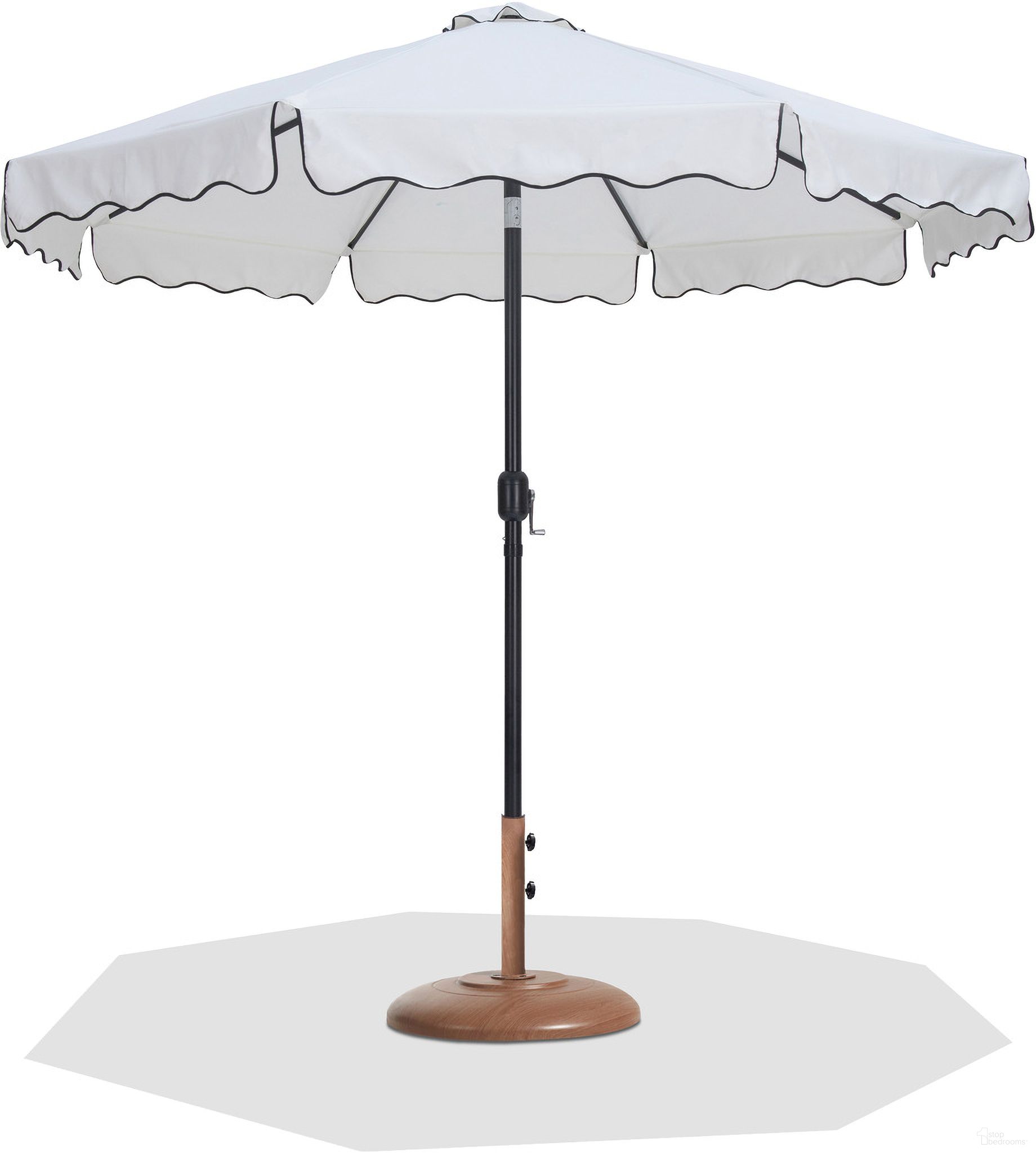 The appearance of Amalfi Black Piping Aluminum Patio Umbrella with Base Sets In Matte Black and White Fabric designed by Meridian in the modern / contemporary interior design. This white and matte black piece of furniture  was selected by 1StopBedrooms from Amalfi Collection to add a touch of cosiness and style into your home. Sku: 55019White-U;350Teak. Material: Polyester.