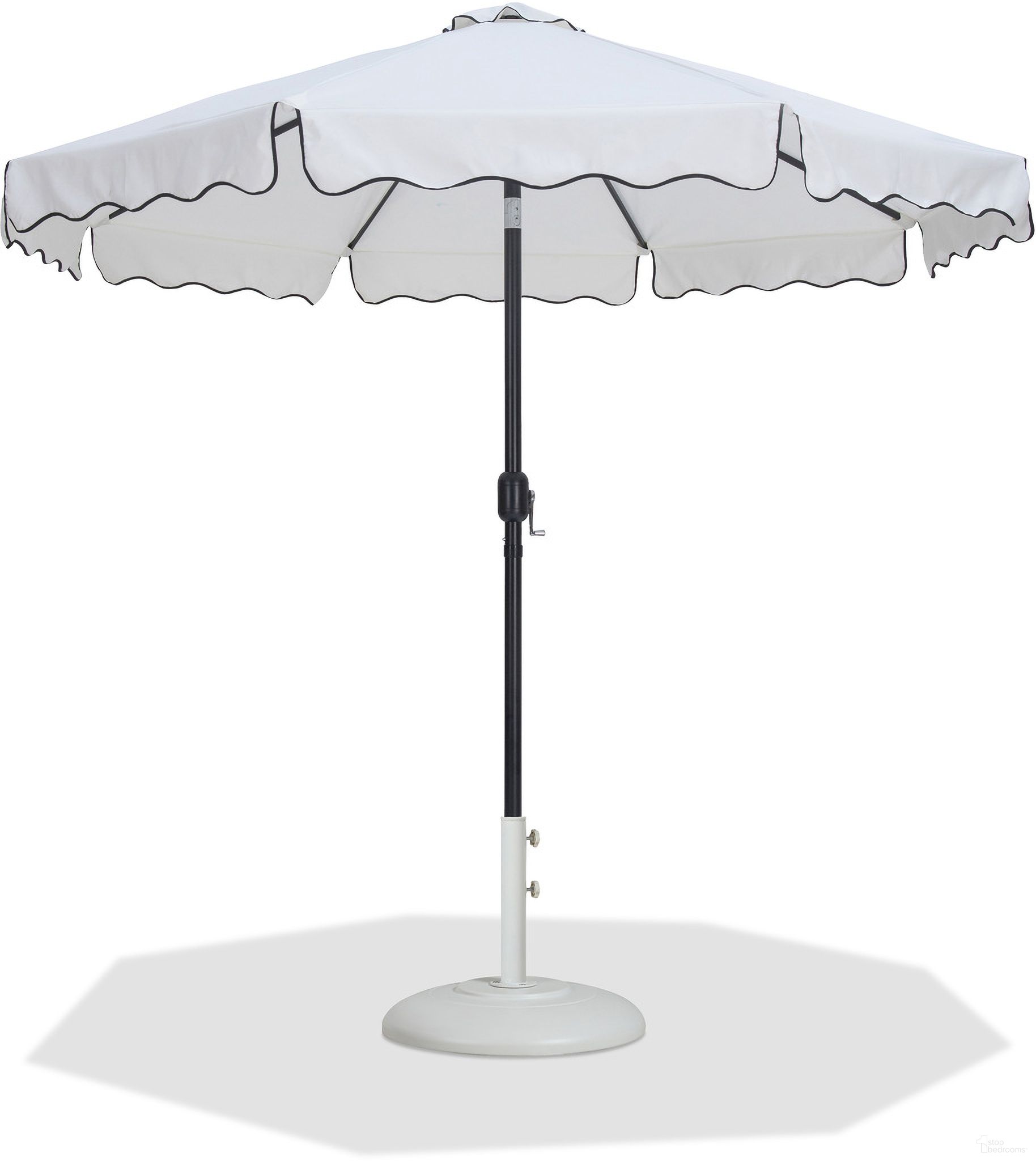 The appearance of Amalfi Black Piping Aluminum Patio Umbrella with Base Sets In White Fabric and Matte Black designed by Meridian in the modern / contemporary interior design. This white and matte black piece of furniture  was selected by 1StopBedrooms from Amalfi Collection to add a touch of cosiness and style into your home. Sku: 55019White-U;350White. Material: Polyester.