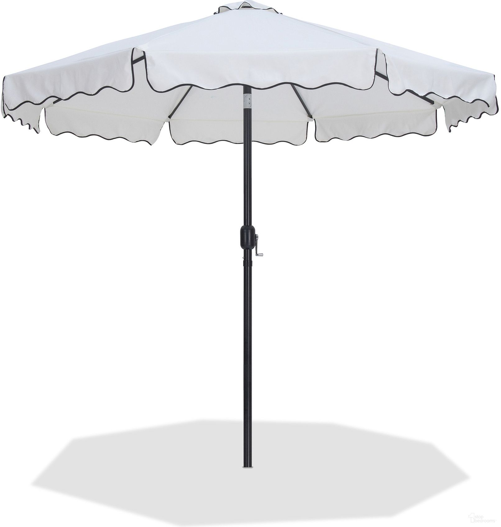 The appearance of Amalfi Black Piping Patio Umbrellas In White Fabric and Matte Black designed by Meridian in the modern / contemporary interior design. This white and matte black piece of furniture was selected by 1StopBedrooms from Amalfi Collection to add a touch of cosiness and style into your home. Sku: 55019White-U. Material: Polyester.