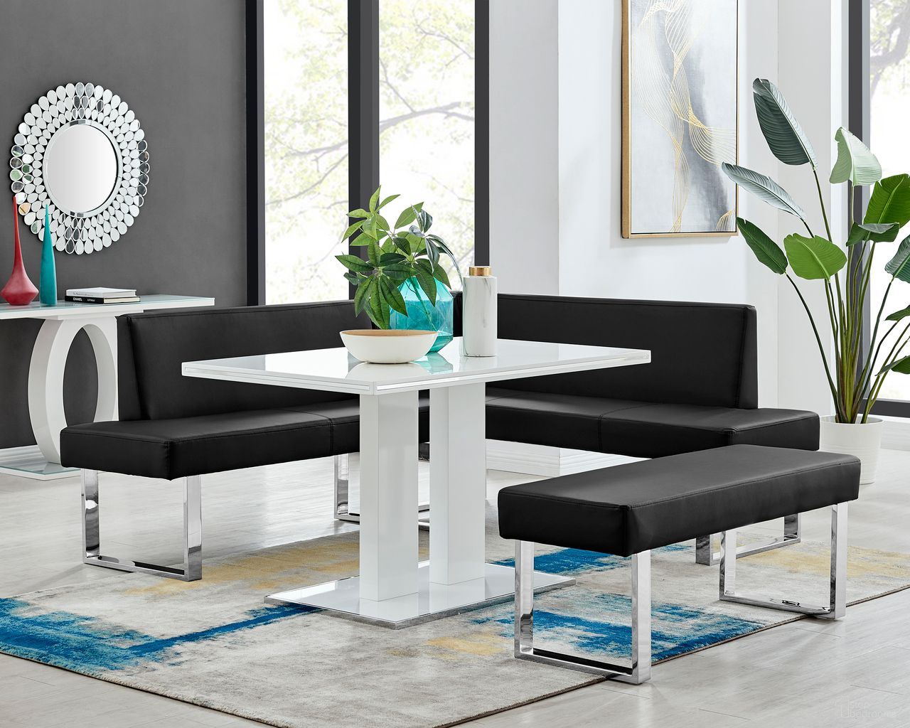 The appearance of Amanda 3-Piece Black Rectangular Dining Set designed by Armen Living in the modern / contemporary interior design. This black piece of furniture  was selected by 1StopBedrooms from Amanda Collection to add a touch of cosiness and style into your home. Sku: LCAMDIWHTO;LCAMBEBLBCH;LCAMCOBLSF. Material: Wood.
