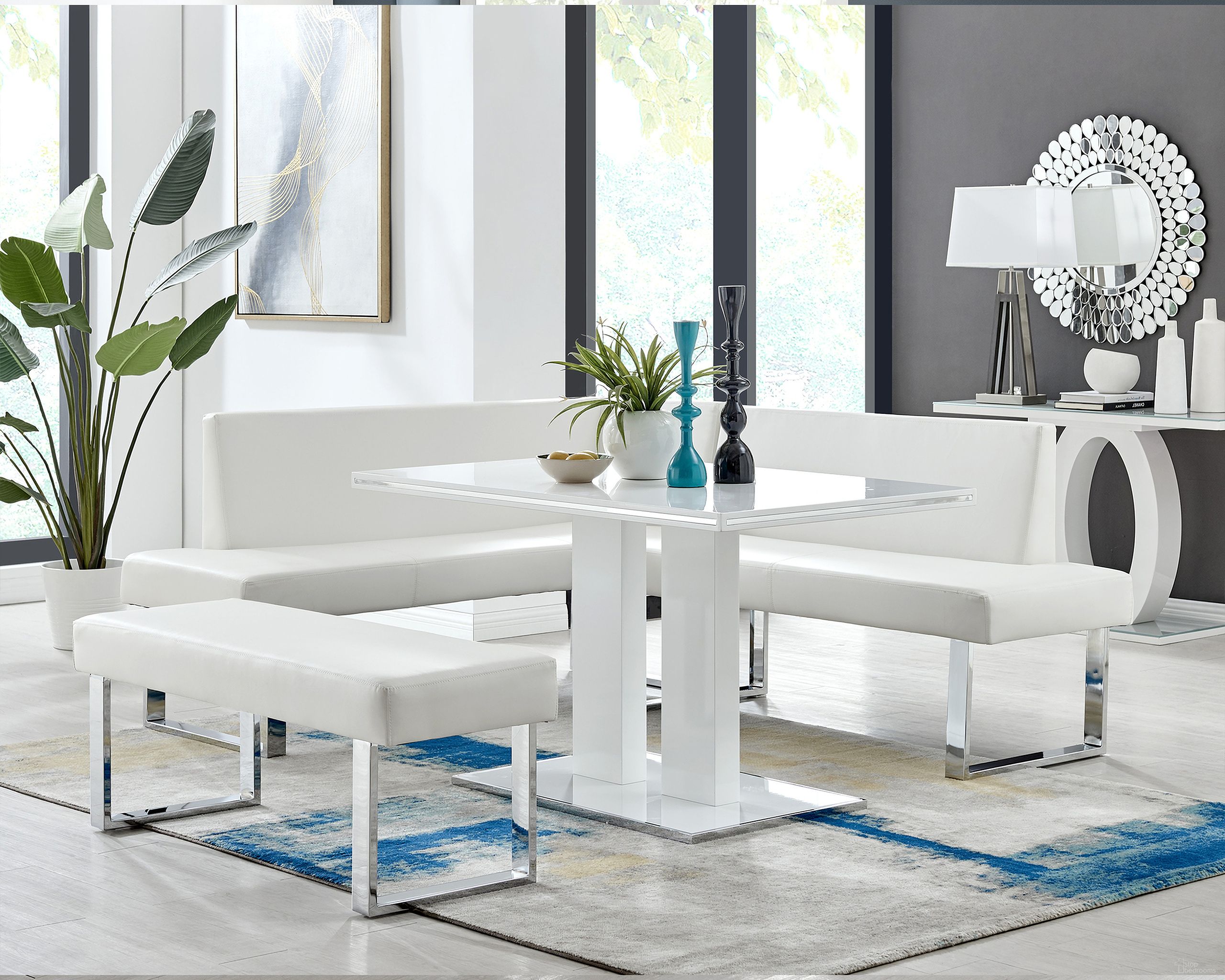 The appearance of Amanda 3-Piece White Rectangular Dining Set designed by Armen Living in the modern / contemporary interior design. This white piece of furniture  was selected by 1StopBedrooms from Amanda Collection to add a touch of cosiness and style into your home. Sku: LCAMDIWHTO;LCAMBEWHBCH;LCAMCOWHSF. Material: Wood.