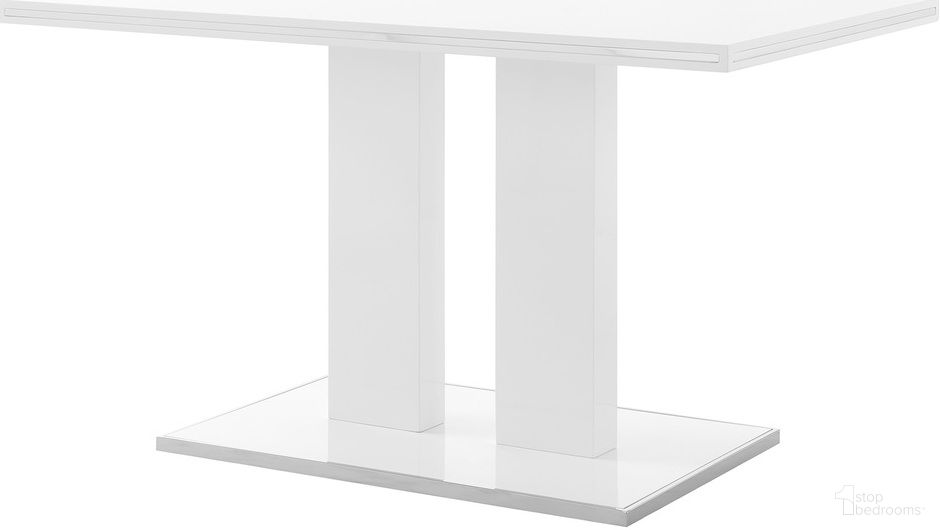 The appearance of Amanda Dining Table designed by Armen Living in the modern / contemporary interior design. This white piece of furniture was selected by 1StopBedrooms from Amanda Collection to add a touch of cosiness and style into your home. Sku: LCAMDIWHTO. Table Base Style: Pedestal. Material: Metal. Table Top Shape: Rectangular. Size: 51".