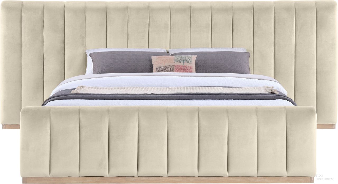 The appearance of Amara Velvet Upholstered King Bed In Cream designed by Meridian in the modern / contemporary interior design. This cream piece of furniture  was selected by 1StopBedrooms from Amara Collection to add a touch of cosiness and style into your home. Sku: AmaraCream-K Box 1/3 (Headboard / Slats);AmaraCream-K Box 2/3 (Footboard / Rail);AmaraCream-K Box 3/3 (Panels). Bed Size: King. Material: Velvet. Bed Type: Upholstered Bed.
