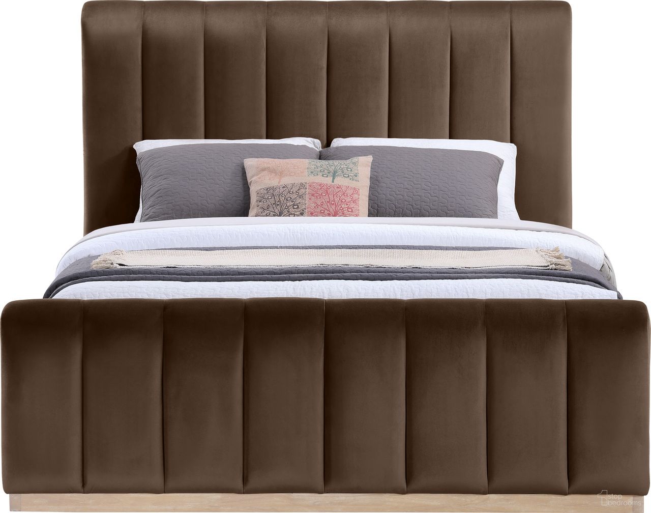 The appearance of Amara Velvet Upholstered Queen Bed In Brown designed by Meridian in the modern / contemporary interior design. This brown piece of furniture  was selected by 1StopBedrooms from Amara Collection to add a touch of cosiness and style into your home. Sku: AmaraBrown-Q Box 1/2 (Headboard / Slats);AmaraBrown-Q Box 2/2 (Footboard / Rail). Bed Size: Queen. Material: Velvet. Bed Type: Upholstered Bed.