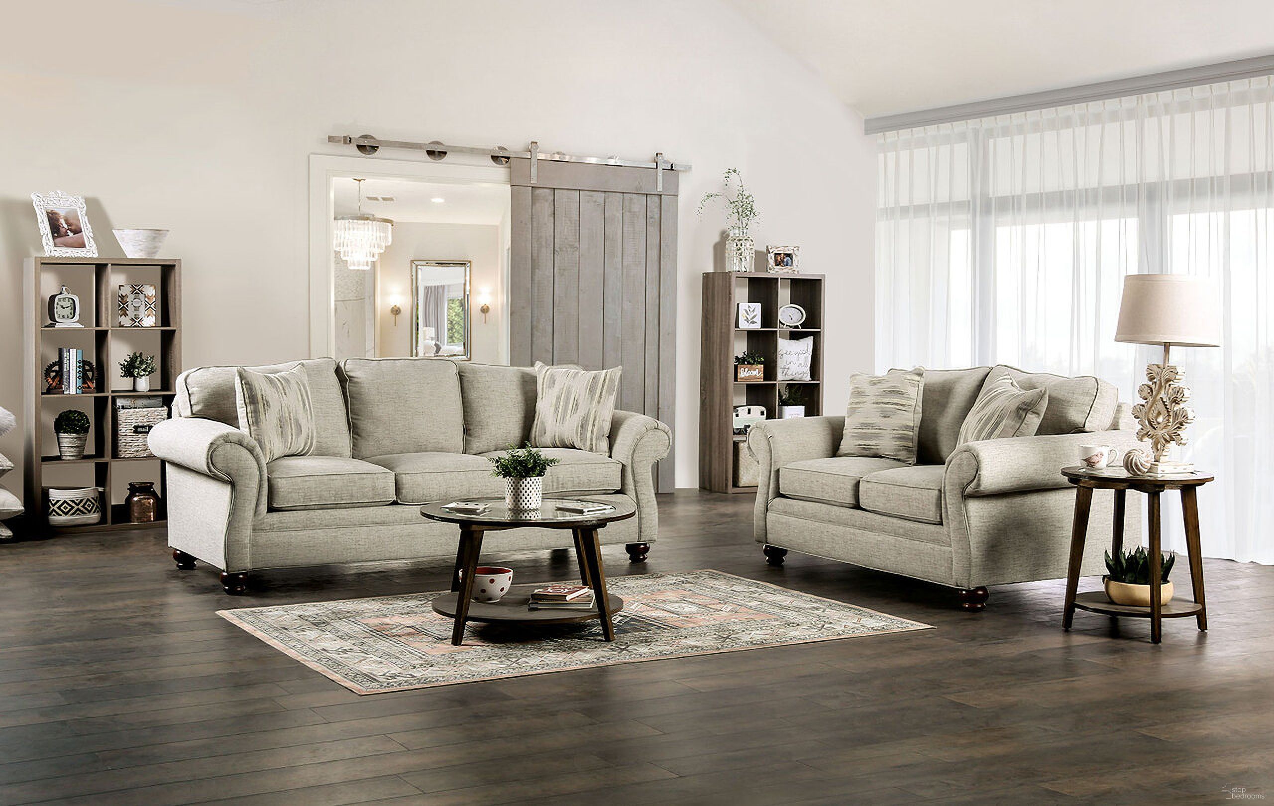 The appearance of Amaya Living Room Set In Cream designed by Furniture of America in the transitional interior design. This cream piece of furniture  was selected by 1StopBedrooms from Amaya Collection to add a touch of cosiness and style into your home. Sku: SM5411-SF;SM5411-LV. Material: Wood.