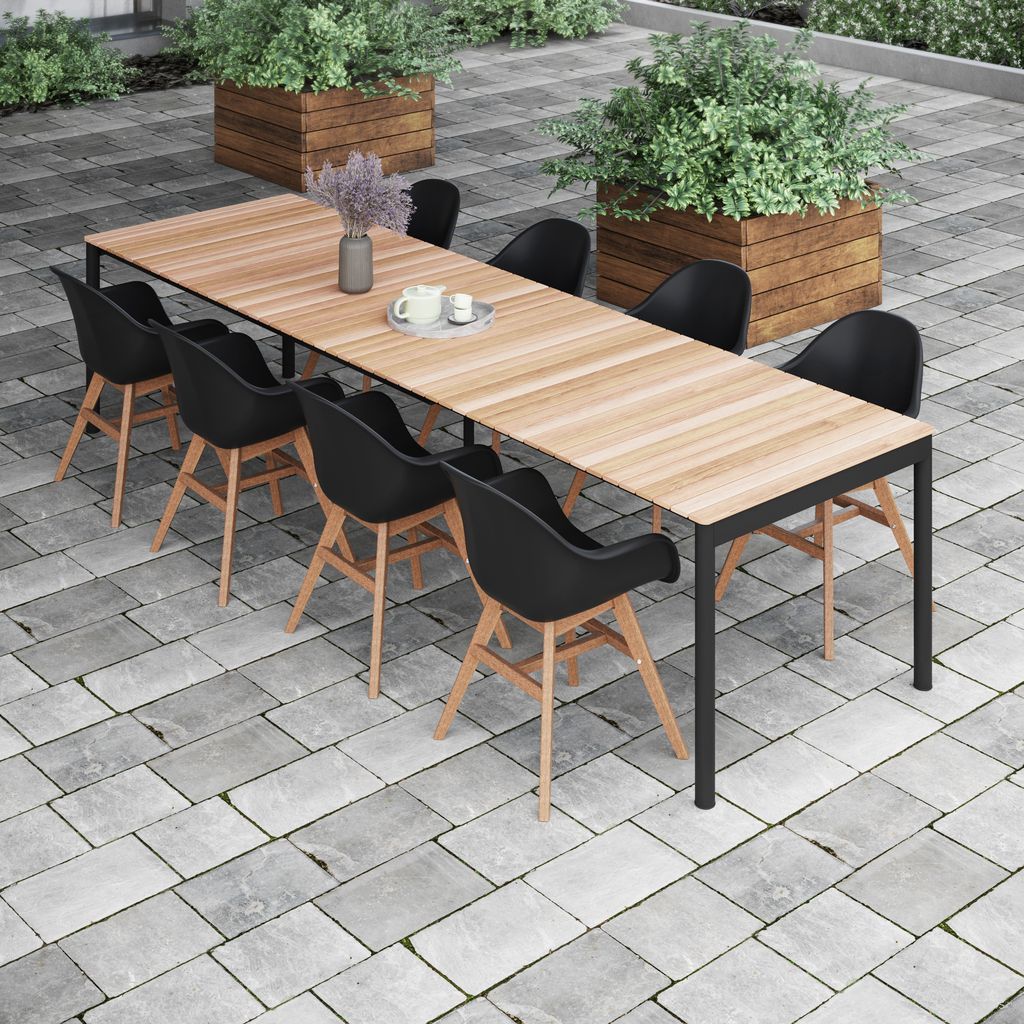 The appearance of Amazonia Boston 9 Piece Extendable Patio Dining Set In Black designed by International Home Miami in the modern / contemporary interior design. This black piece of furniture was selected by 1StopBedrooms from Stockholm Collection to add a touch of cosiness and style into your home. Sku: TPZEXTBL_ 8CONCARMBK. Material: Aluminium.