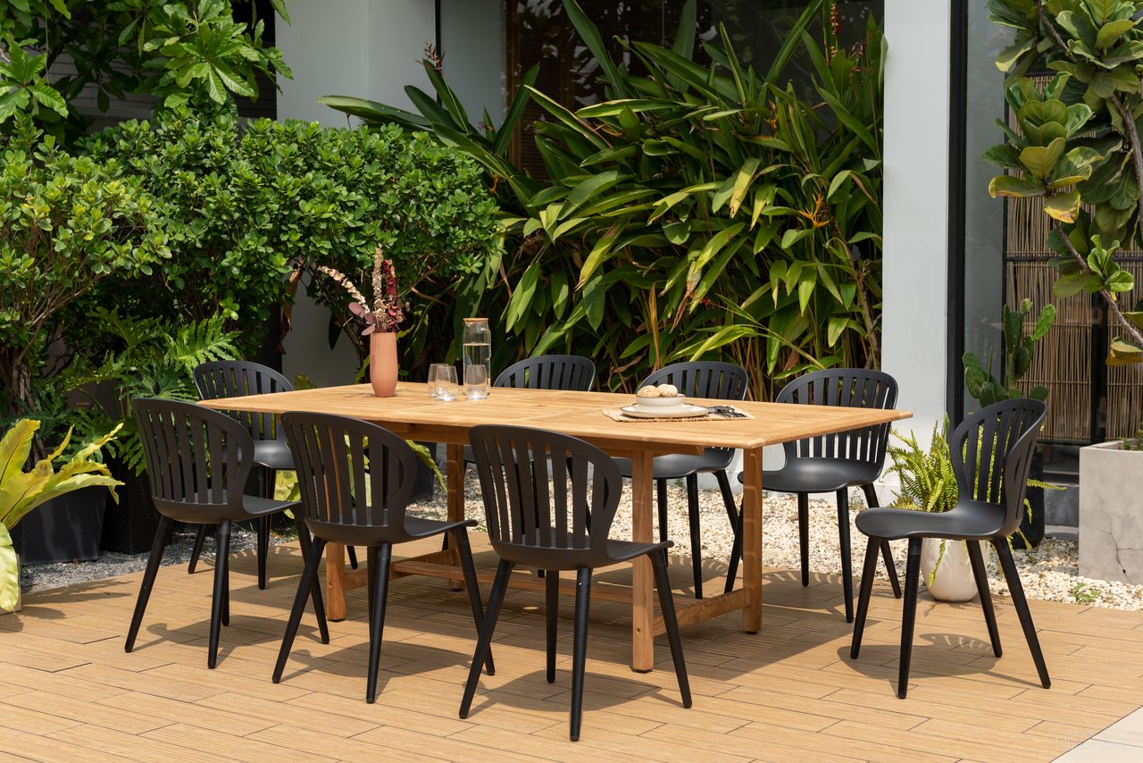 The appearance of Amazonia LoftHarmony 9-Piece Rectangular Patio Dining Set In Black designed by International Home Miami in the modern / contemporary interior design. This black piece of furniture  was selected by 1StopBedrooms from Florence Collection to add a touch of cosiness and style into your home. Sku: DIANREC_8CANSD ALUBK. Material: Wood.