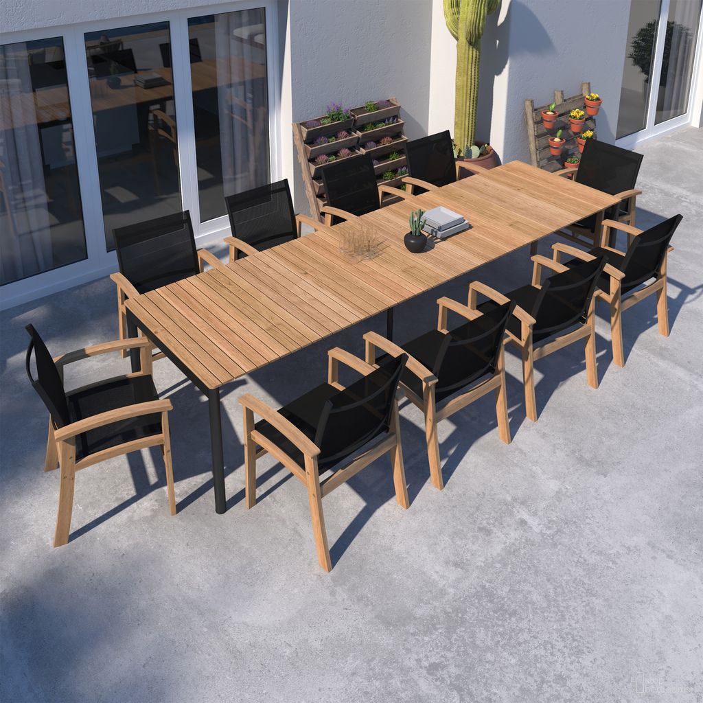 The appearance of Amazonia Madrid 11 Piece Extendable Patio Dining Set In Black designed by International Home Miami in the modern / contemporary interior design. This black piece of furniture  was selected by 1StopBedrooms from Stockholm Collection to add a touch of cosiness and style into your home. Sku: TPZEXTBL_ 10FORTBK. Material: Aluminium.