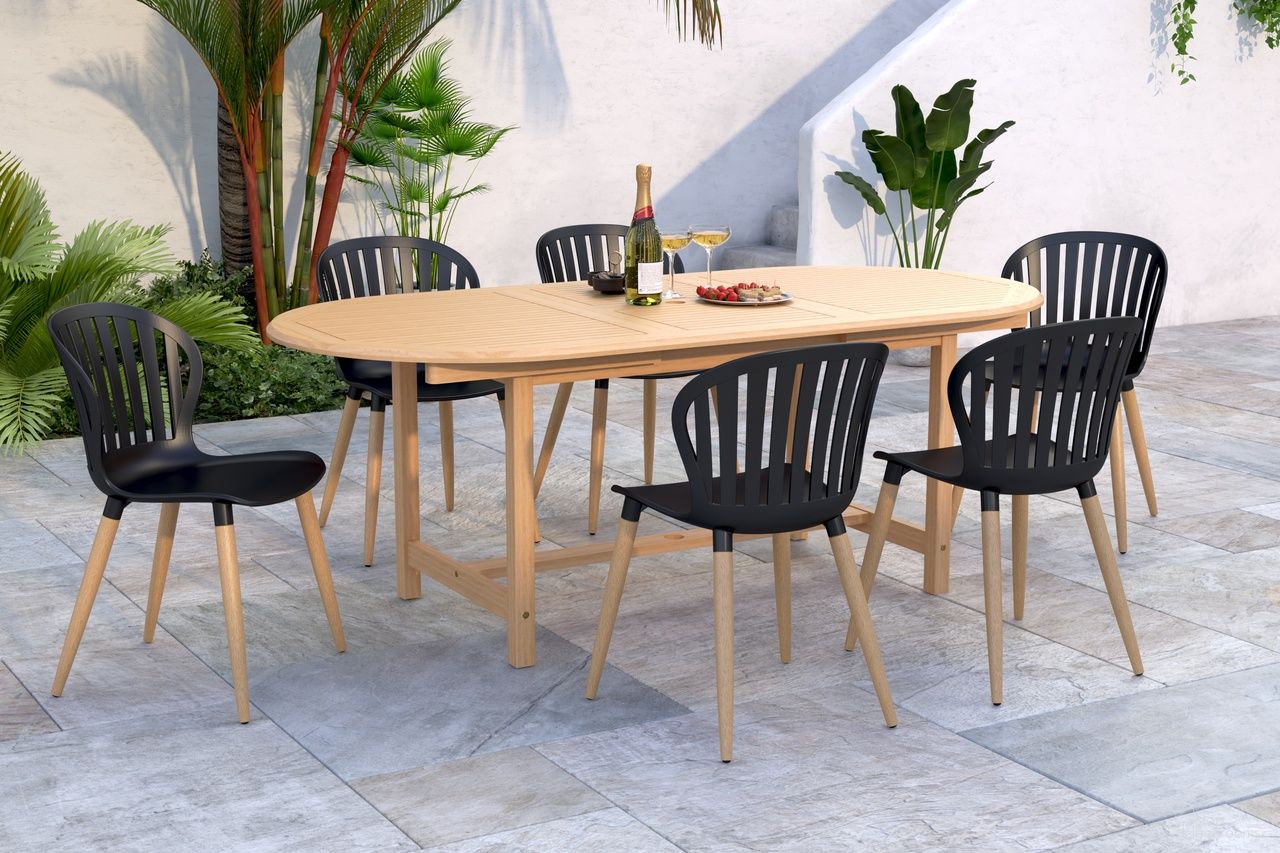 The appearance of Amazonia PalmUtopia 7-Piece Oval Patio Dining Set In Black designed by International Home Miami in the modern / contemporary interior design. This black piece of furniture  was selected by 1StopBedrooms from Florence Collection to add a touch of cosiness and style into your home. Sku: DIANOSM_6CANSD BK. Material: Wood.
