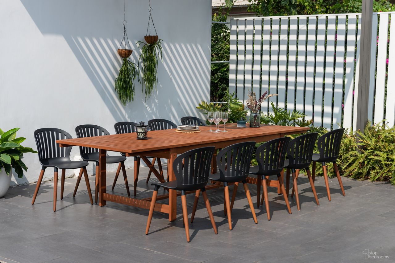 The appearance of Amazonia SkylineCoast 11-Piece Rectangular Patio Dining Set In Black designed by International Home Miami in the modern / contemporary interior design. This black piece of furniture  was selected by 1StopBedrooms from Florence Collection to add a touch of cosiness and style into your home. Sku: LEYPAR_10CANSD BK. Material: Wood.