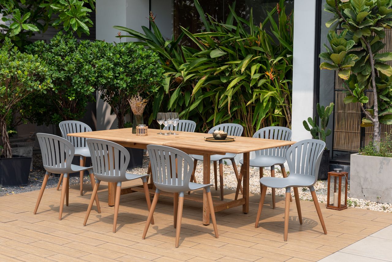 The appearance of Amazonia SolaceShade 9-Piece Rectangular Patio Dining Set In Grey designed by International Home Miami in the modern / contemporary interior design. This grey piece of furniture  was selected by 1StopBedrooms from Florence Collection to add a touch of cosiness and style into your home. Sku: DIANREC_8CANSD GR. Material: Wood.