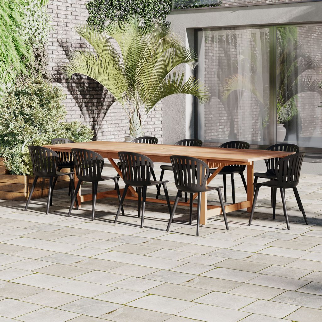 The appearance of Amazonia TropicMetropolitan 11-Piece Rectangular Patio Dining Set In Black designed by International Home Miami in the modern / contemporary interior design. This black piece of furniture  was selected by 1StopBedrooms from Florence Collection to add a touch of cosiness and style into your home. Sku: LEYPAR_10CANSD ALUBK. Material: Wood.