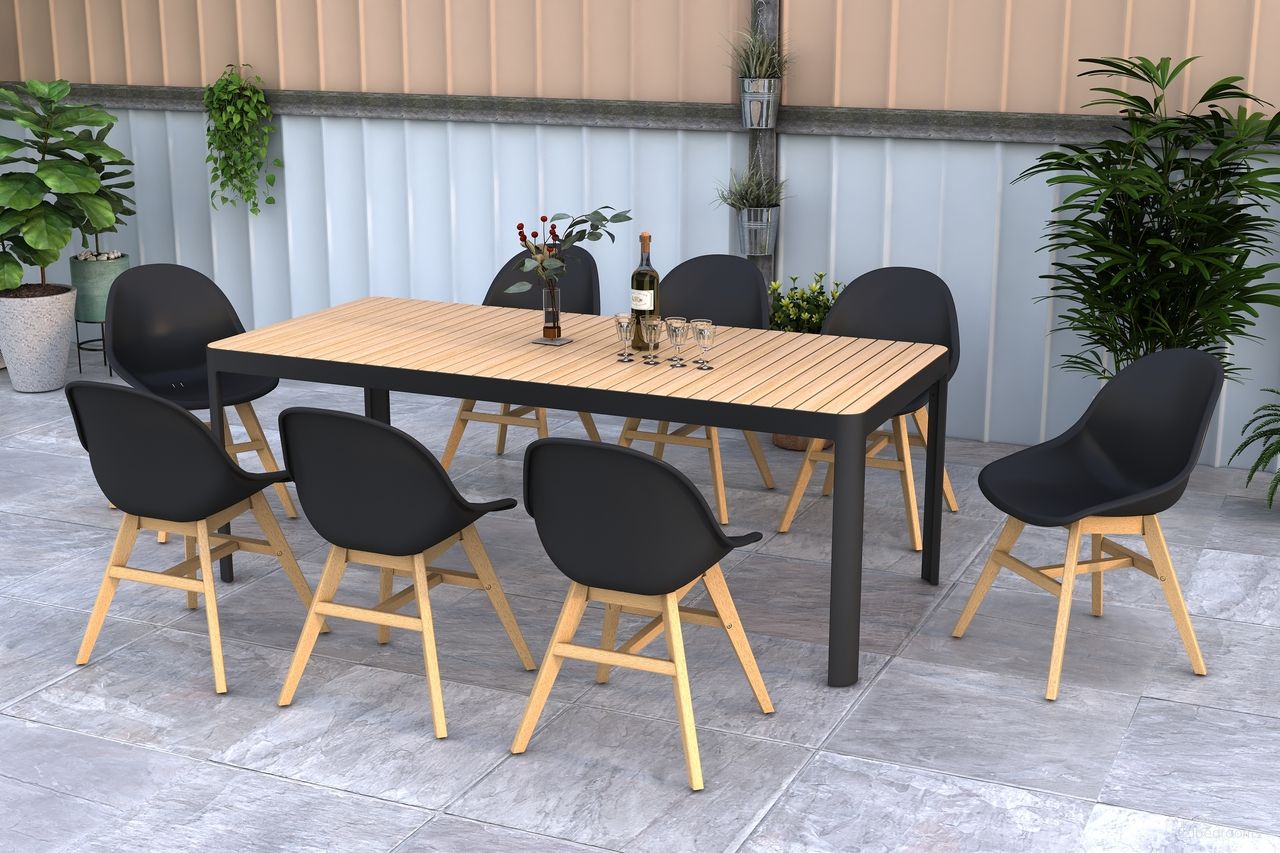 The appearance of Amazonia UrbanElegance 9-Piece Rectangular Patio Dining Set In Black designed by International Home Miami in the modern / contemporary interior design. This black piece of furniture  was selected by 1StopBedrooms from Barcelona Collection to add a touch of cosiness and style into your home. Sku: PORTALSBK_8CONSD BK. Material: Aluminum.