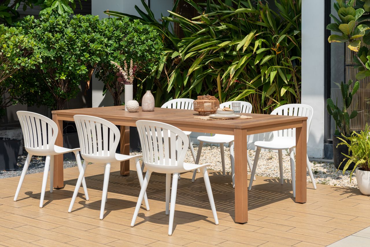 The appearance of Amazonia UrbanSunset 7-Piece Rectangular Patio Dining Set In White designed by International Home Miami in the modern / contemporary interior design. This white piece of furniture  was selected by 1StopBedrooms from Athens Collection to add a touch of cosiness and style into your home. Sku: ALALOT_6CANSD ALUWT. Material: Wood.