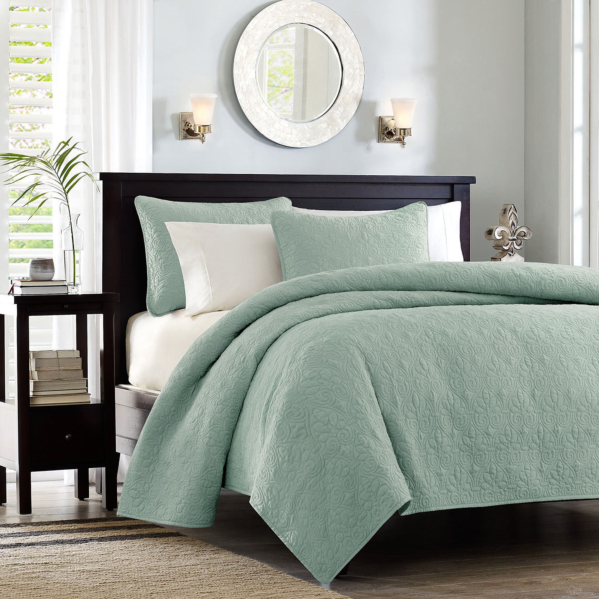 The appearance of Amber Polyester Microfiber 2 Piece Twin Coverlet Mini Set In Seafoam designed by Olliix in the transitional interior design. This seafoam piece of furniture  was selected by 1StopBedrooms from Quebec Collection to add a touch of cosiness and style into your home. Sku: MP13-482. Bed Size: Twin. Material: Cotton.