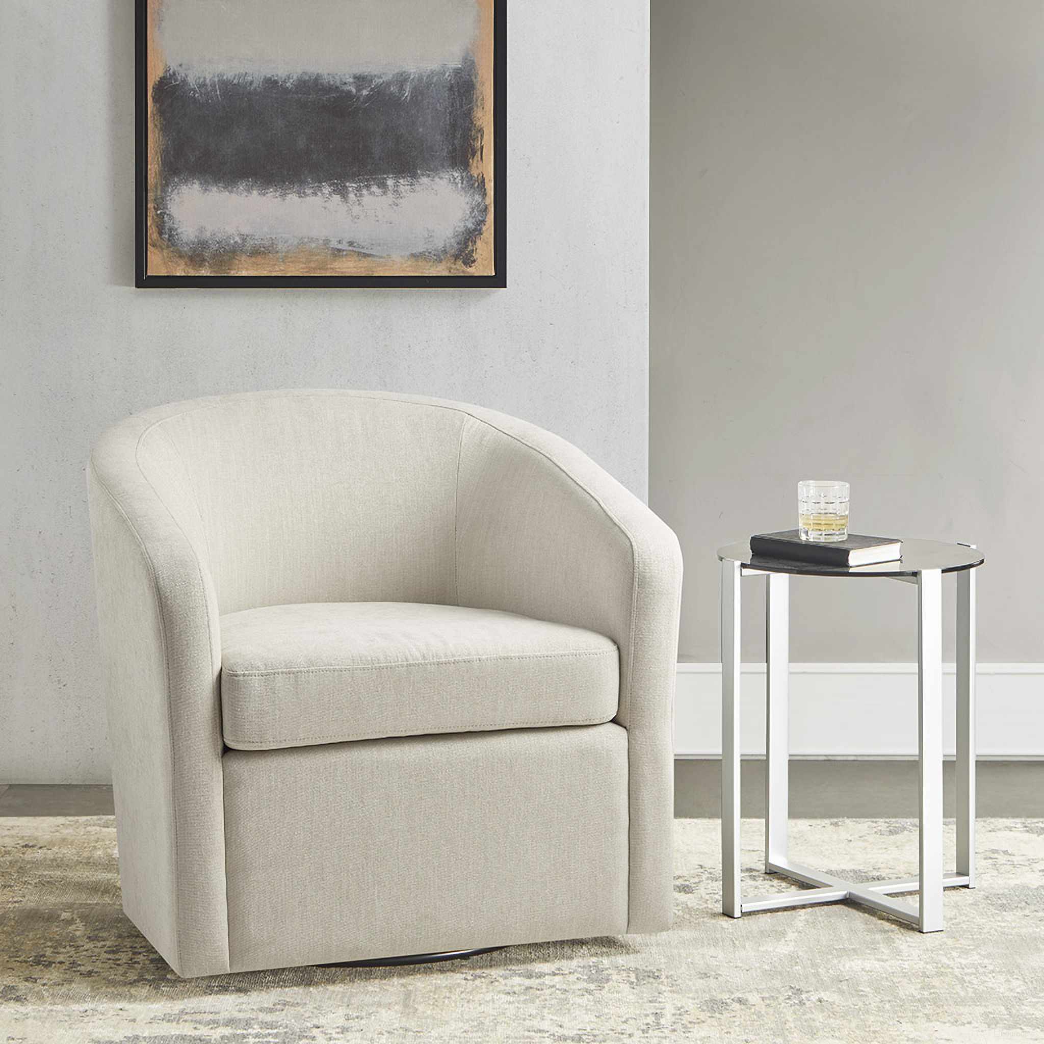 The appearance of Amber Swivel Chair In Ivory designed by Martha Stewart in the transitional interior design. This ivory piece of furniture was selected by 1StopBedrooms from Amber Collection to add a touch of cosiness and style into your home. Sku: MT103-0132. Material: Wood.