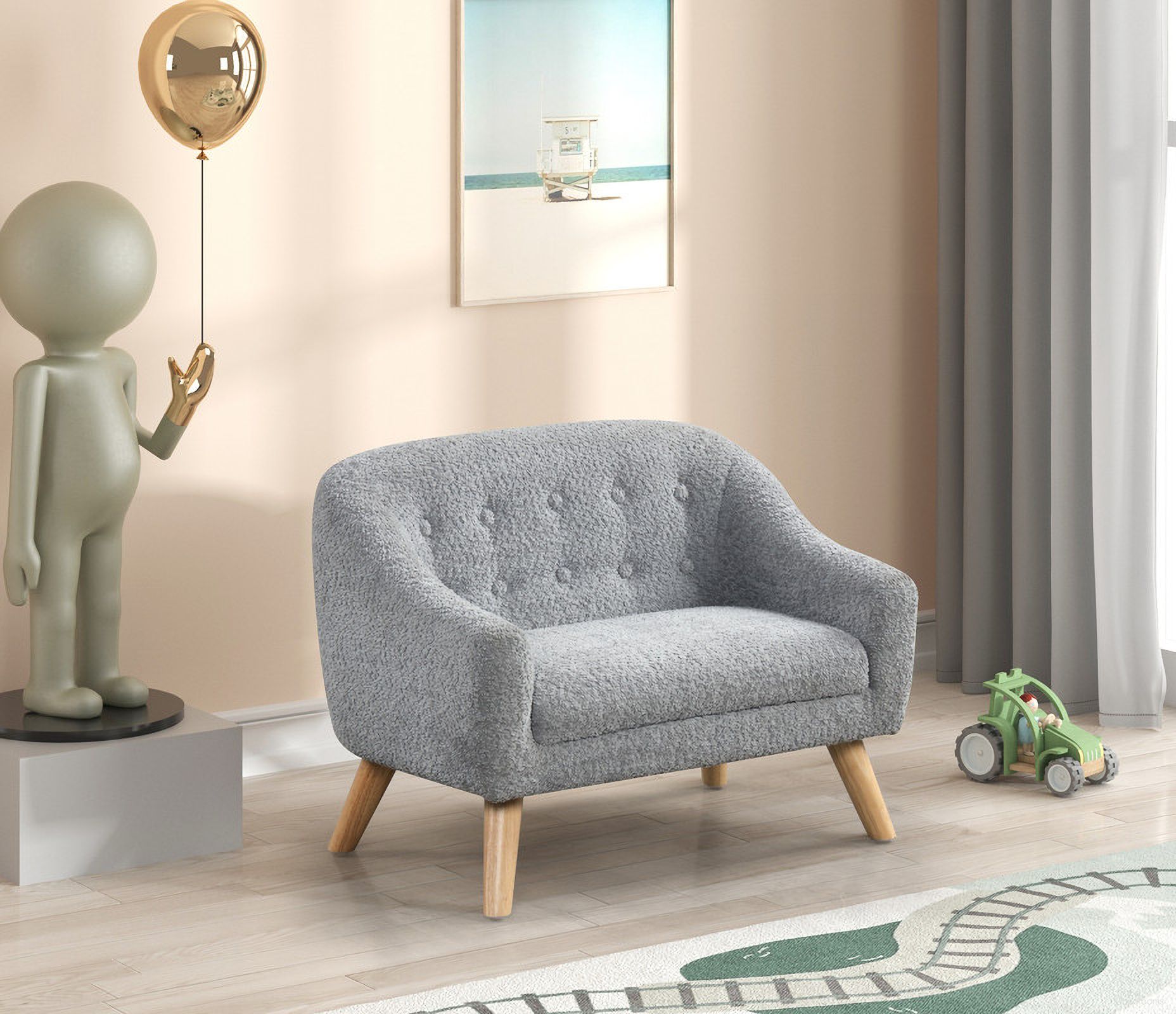 The appearance of Amelia 28 Inch Chenille Kids Sofa with Tufted Back and Wooden Legs In Gray designed by Lilola Home in the transitional interior design. This gray piece of furniture was selected by 1StopBedrooms from Amelia Collection to add a touch of cosiness and style into your home. Sku: 88832. Material: Wood.