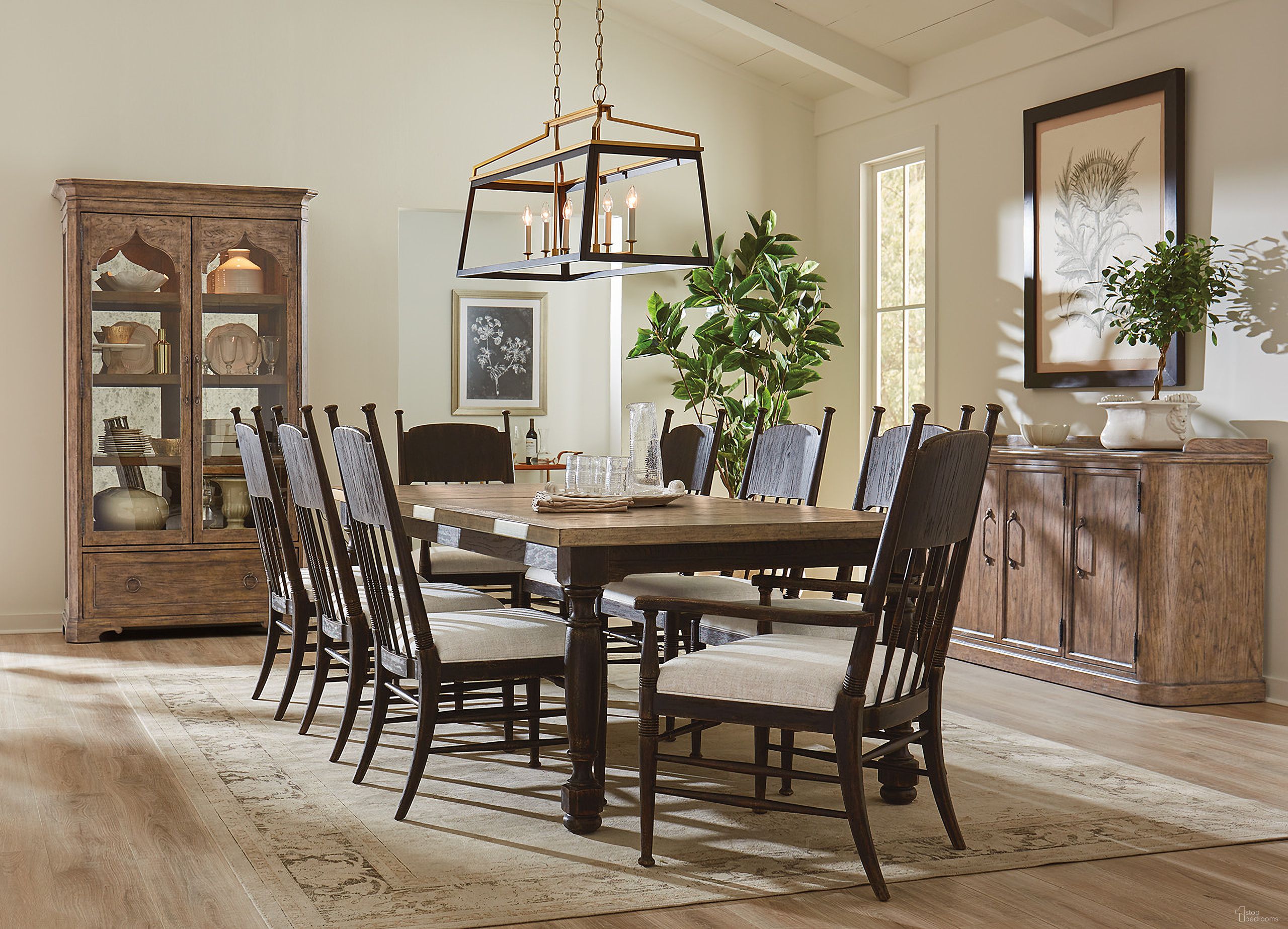 The appearance of Americana Dining Room Set In Black designed by Hooker in the transitional interior design. This black piece of furniture was selected by 1StopBedrooms from Americana Collection to add a touch of cosiness and style into your home. Sku: 7050-75200-89;7050-75310-89;7050-75310-89;7050-75310-89;7050-75310-89. Table Base Style: Legs. Material: Wood Veneer. Size: 44" x 80".