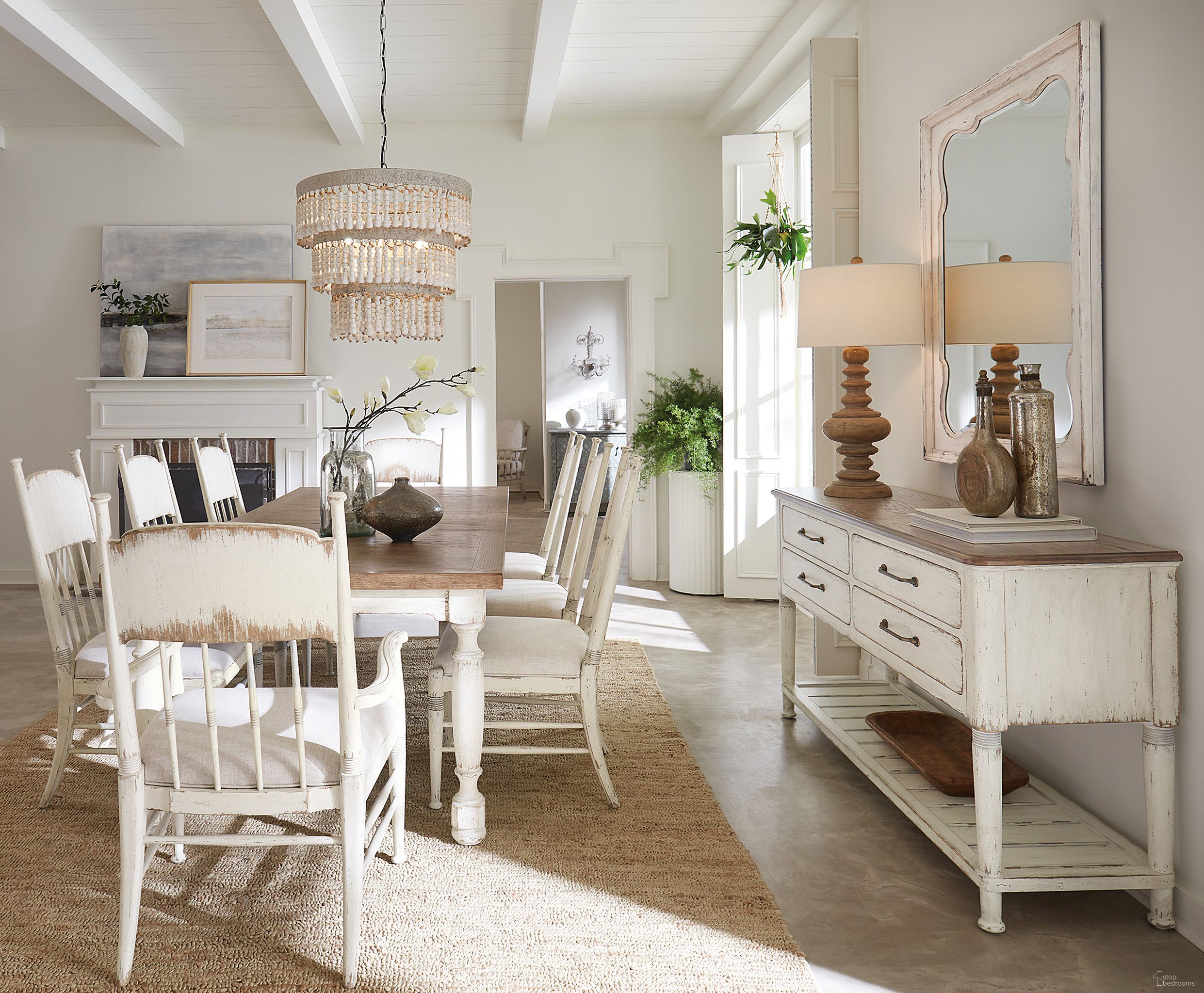The appearance of Americana Dining Room Set In White designed by Hooker in the transitional interior design. This white piece of furniture was selected by 1StopBedrooms from Americana Collection to add a touch of cosiness and style into your home. Sku: 7050-75200-02;7050-75310-02;7050-75310-02;7050-75310-02;7050-75310-02. Table Base Style: Legs. Material: Wood Veneer. Size: 44" x 80".