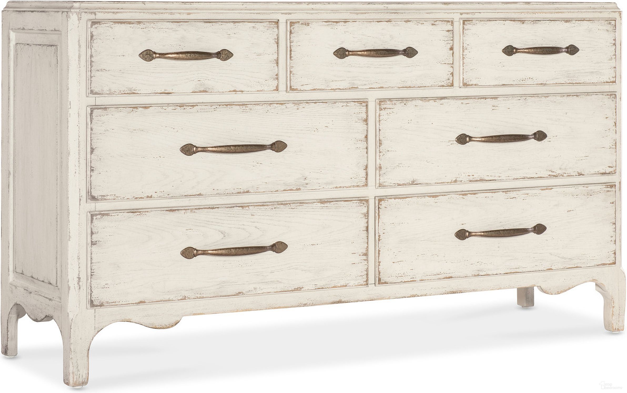 The appearance of Americana 7 Drawer Dresser In White designed by Hooker in the transitional interior design. This white piece of furniture  was selected by 1StopBedrooms from Americana Collection to add a touch of cosiness and style into your home. Sku: 7050-90002-02. Material: Oak Veneer.