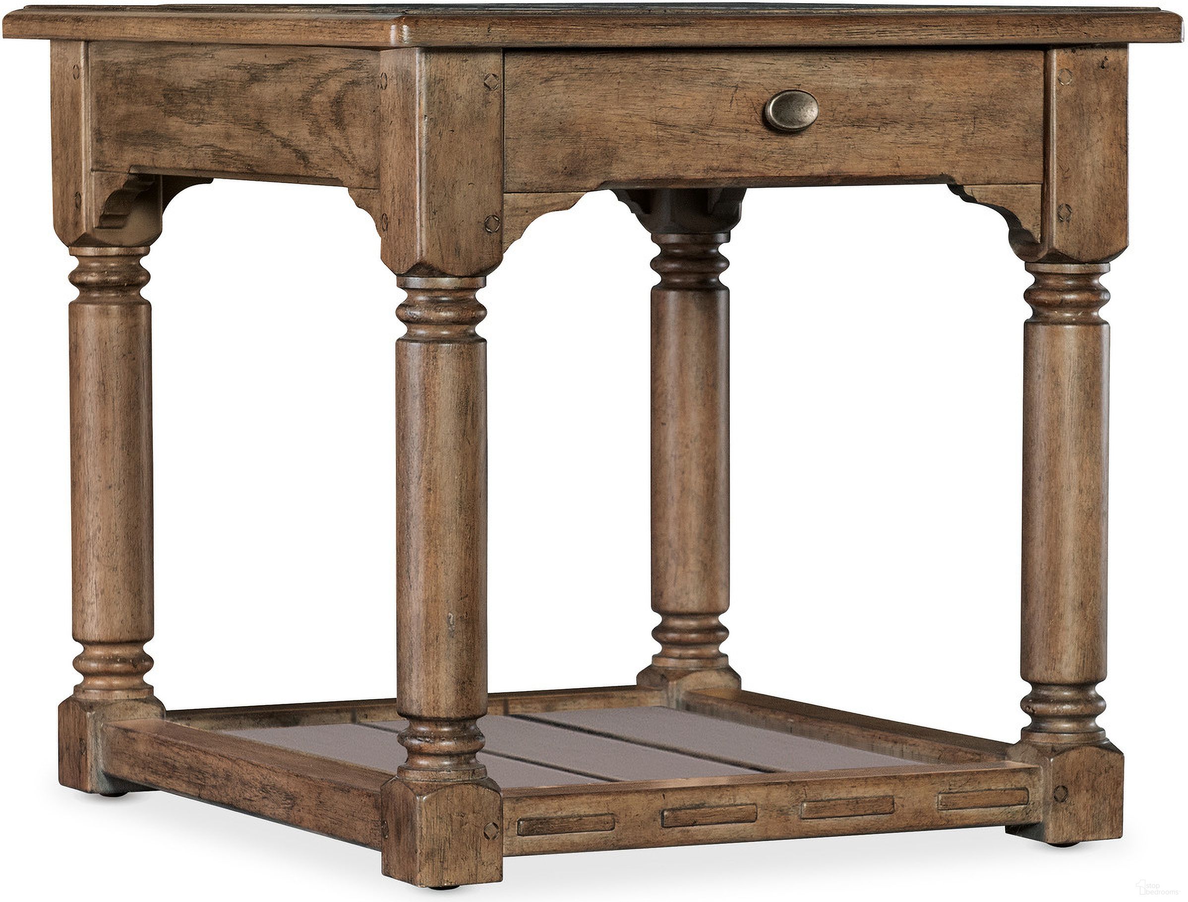 The appearance of Americana End Table In Medium Wood designed by Hooker in the transitional interior design. This medium wood piece of furniture was selected by 1StopBedrooms from Americana Collection to add a touch of cosiness and style into your home. Sku: 7050-80114-85. Material: Oak Veneer.