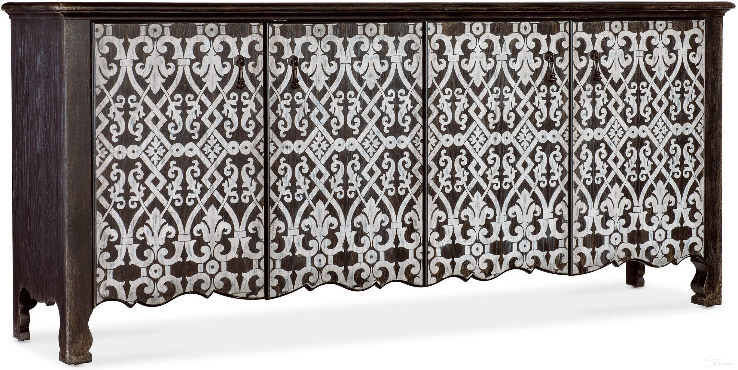 The appearance of Americana Entertainment Credenza In Black designed by Hooker in the transitional interior design. This black piece of furniture  was selected by 1StopBedrooms from Americana Collection to add a touch of cosiness and style into your home. Sku: 7050-55478-893. Material: Oak Veneer.